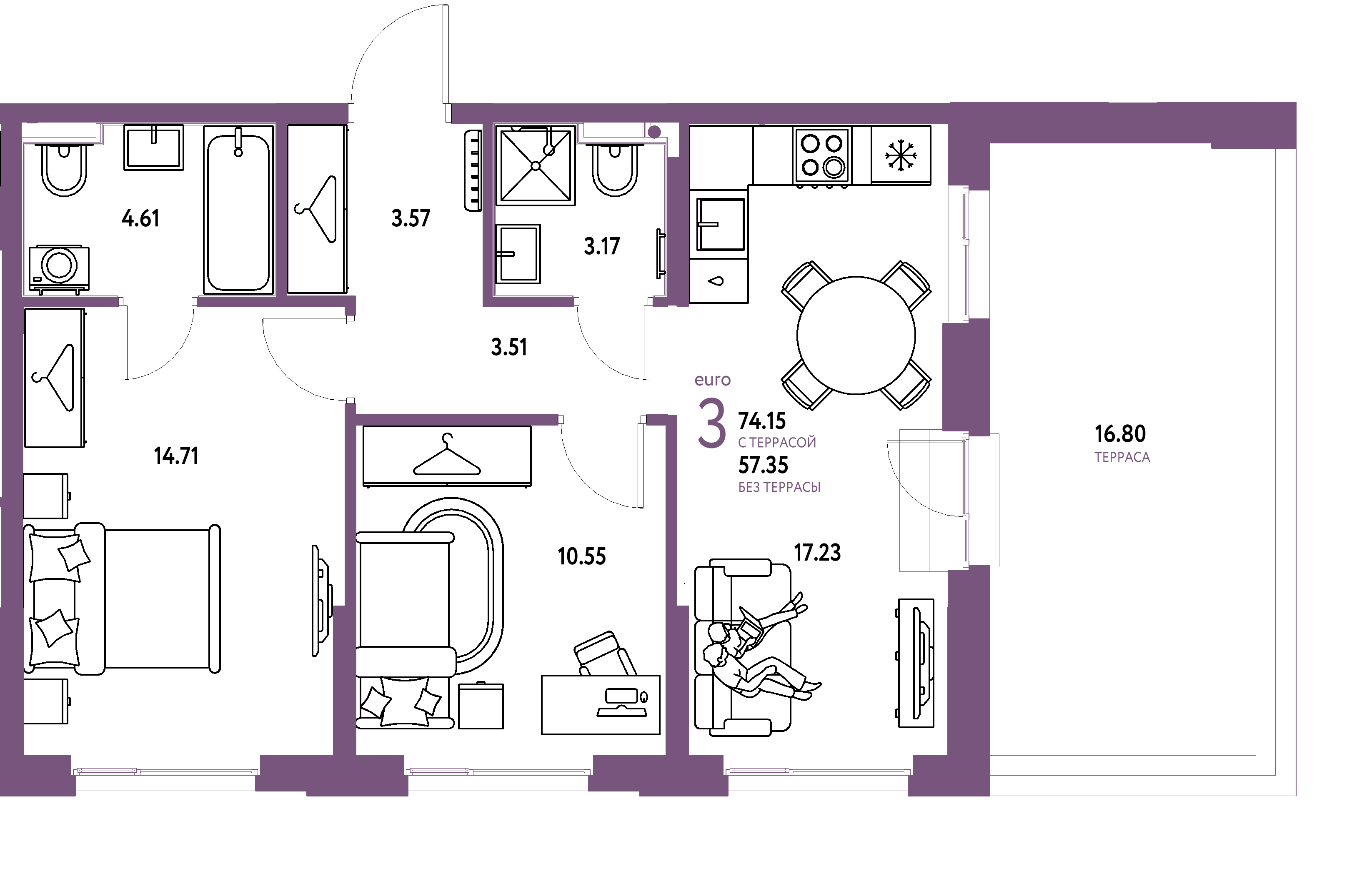 ЖК "Европейский берег 2.0"-3-комнатная 74.15 м²