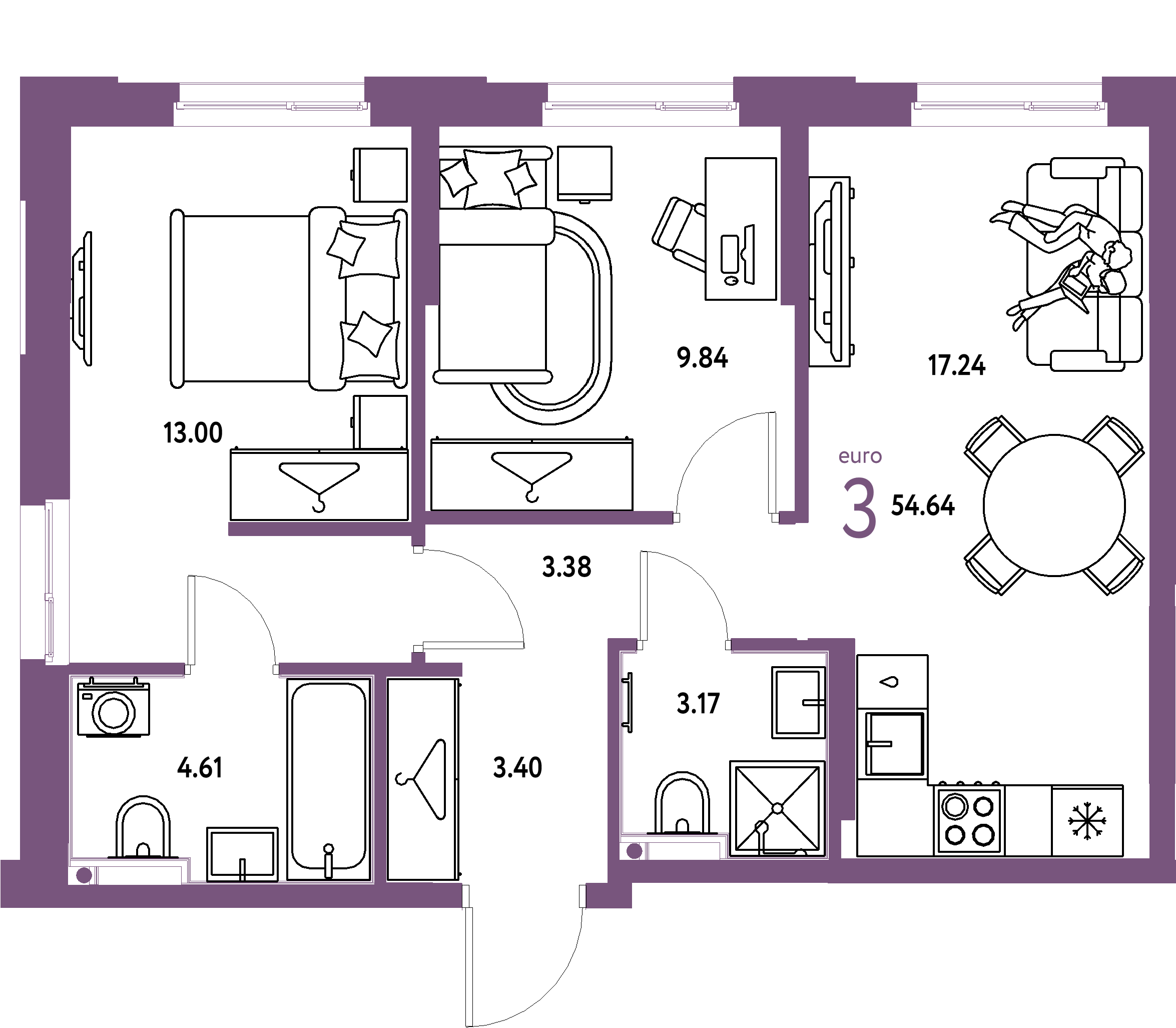 ЖК "Европейский берег 2.0"-3-комнатная 54.64 м²