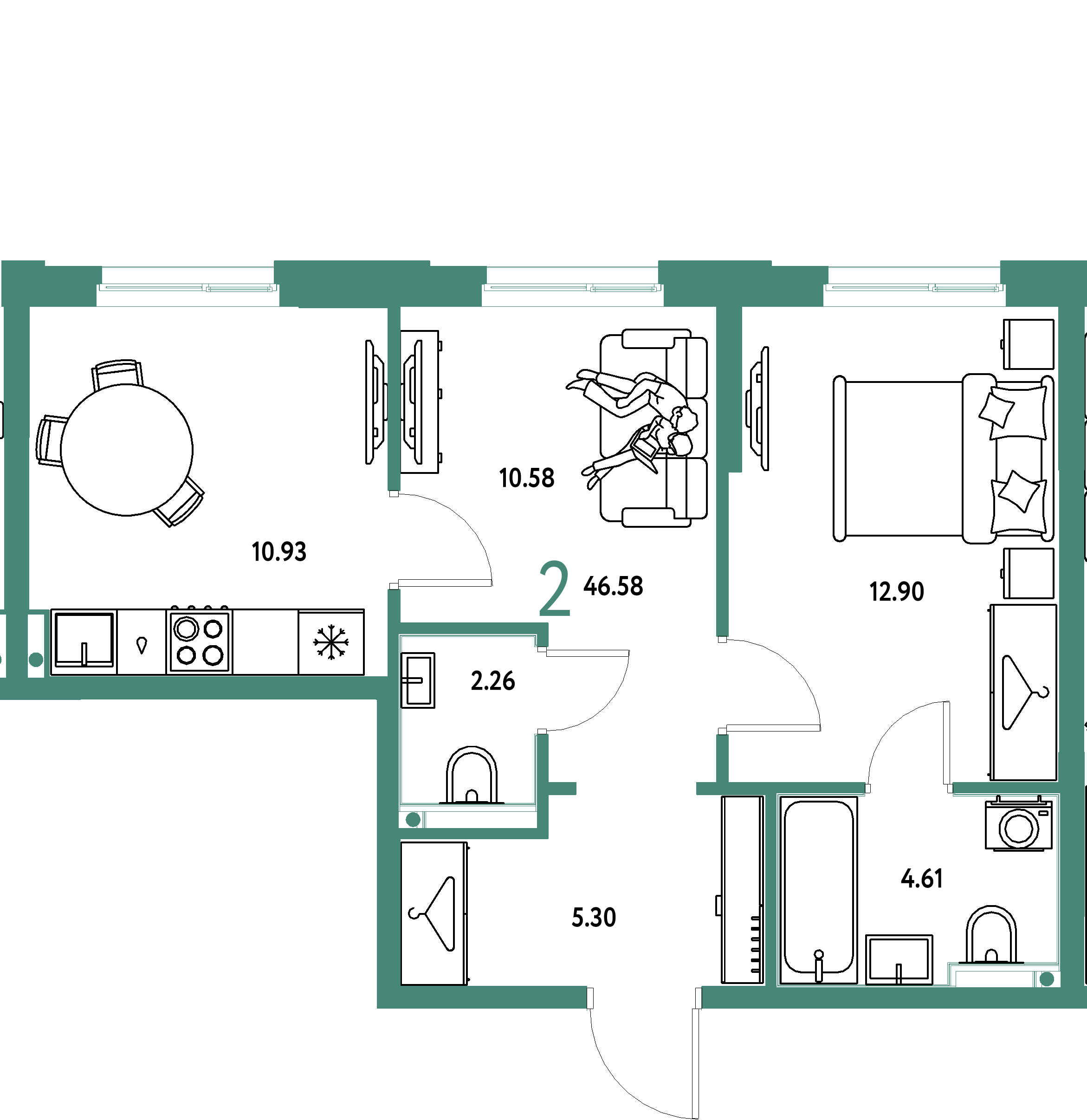 ЖК "Европейский берег 2.0"-2-комнатная 46.58 м²