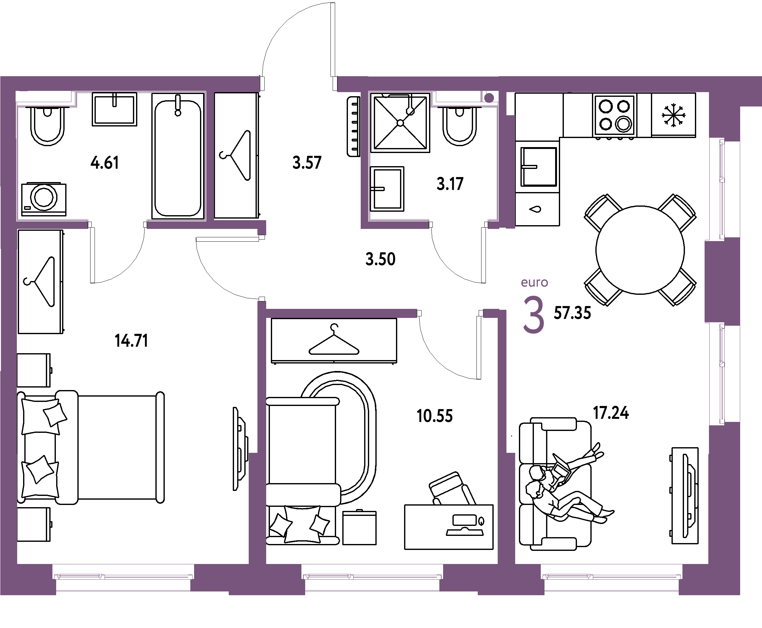 ЖК "Европейский берег 2.0"-3-комнатная 57.35 м²