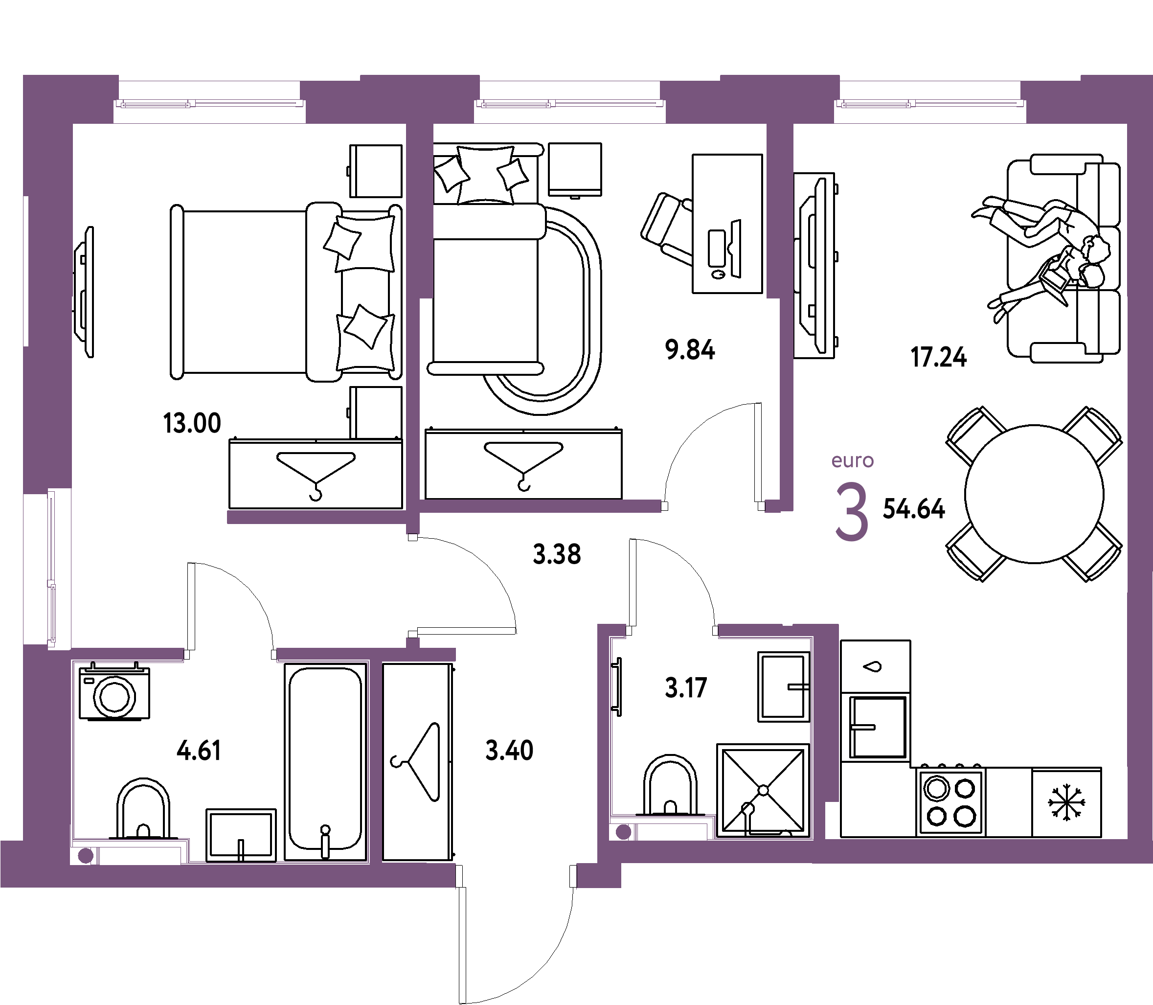 ЖК "Европейский берег 2.0"-3-комнатная 54.64 м²