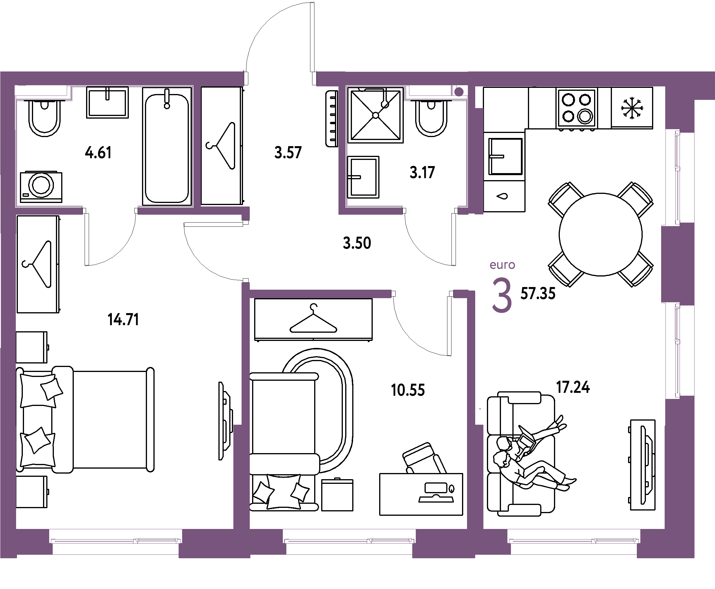 ЖК "Европейский берег 2.0"-3-комнатная 57.35 м²