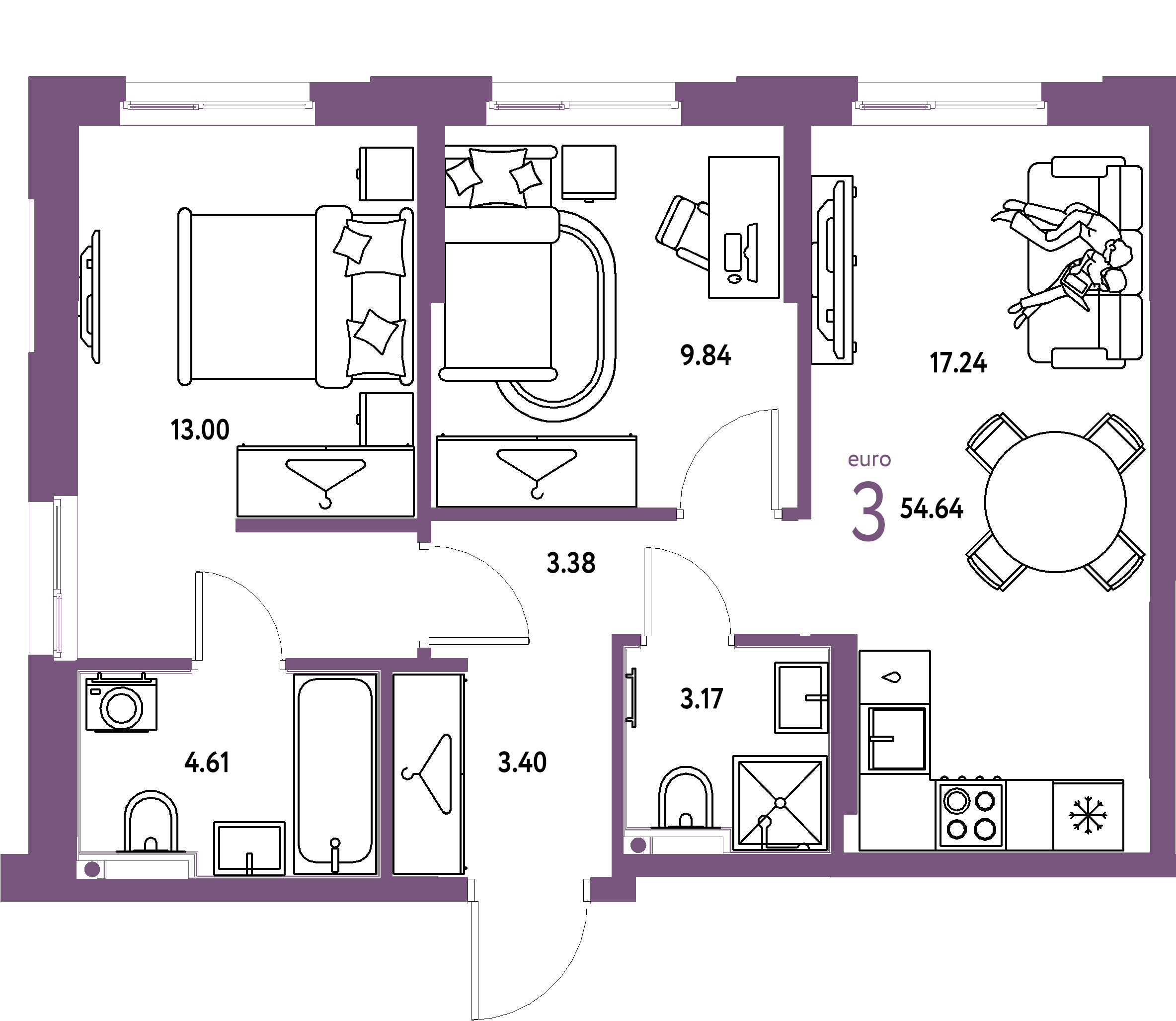 ЖК "Европейский берег 2.0"-3-комнатная 54.64 м²