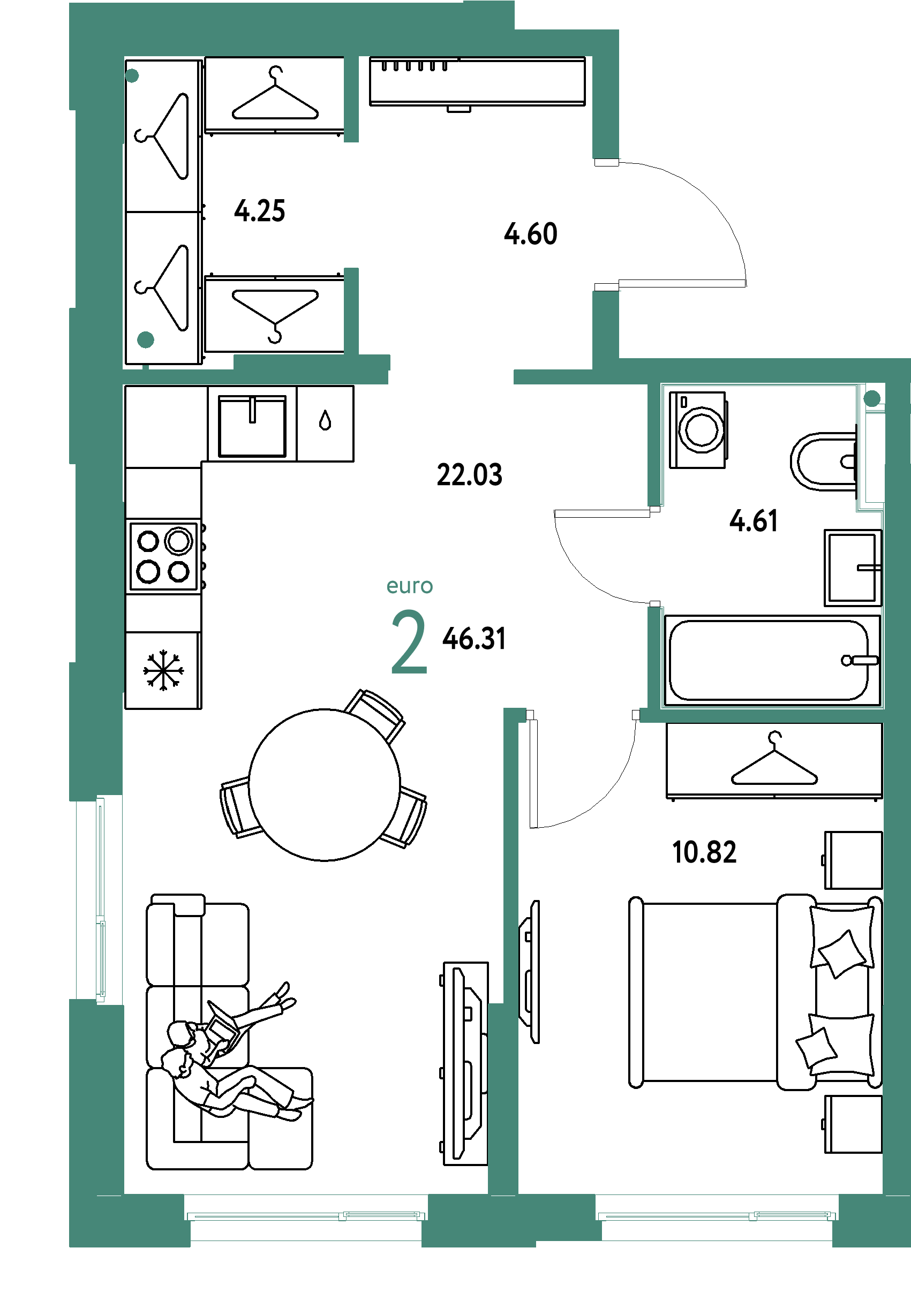 ЖК "Европейский берег 2.0"-2-комнатная 46.31 м²