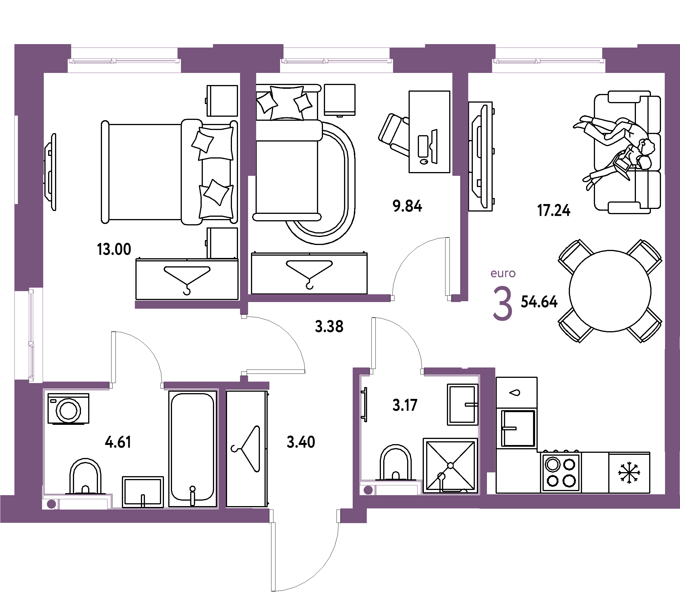 ЖК "Европейский берег 2.0"-3-комнатная 54.64 м²
