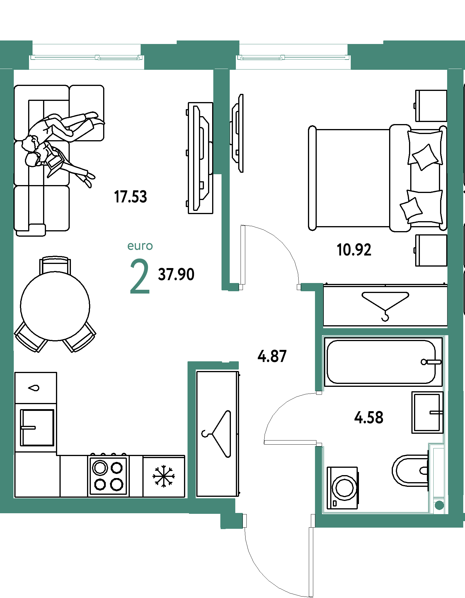 ЖК "Европейский берег 2.0"-2-комнатная 37.9 м²