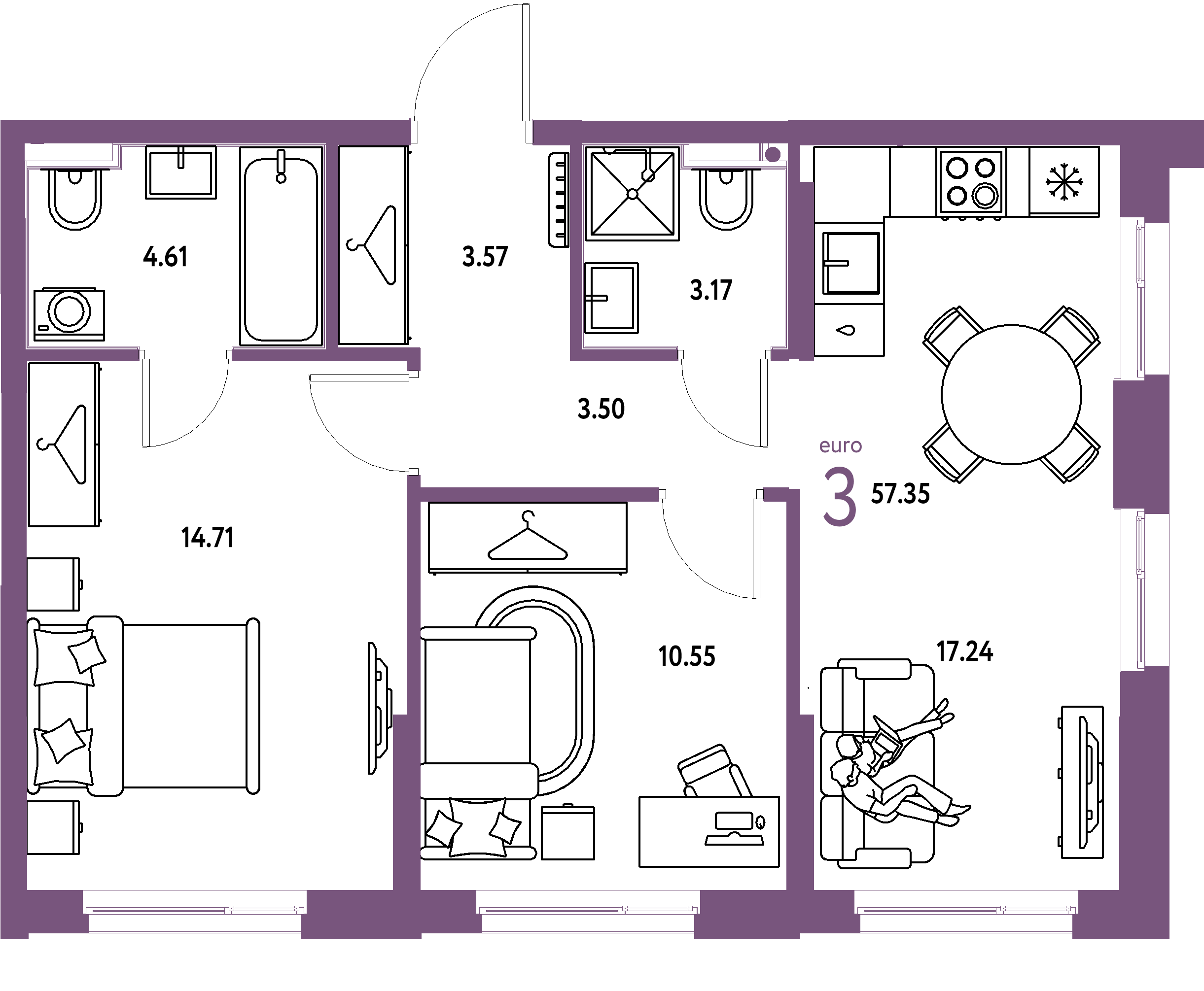 ЖК "Европейский берег 2.0"-3-комнатная 57.35 м²