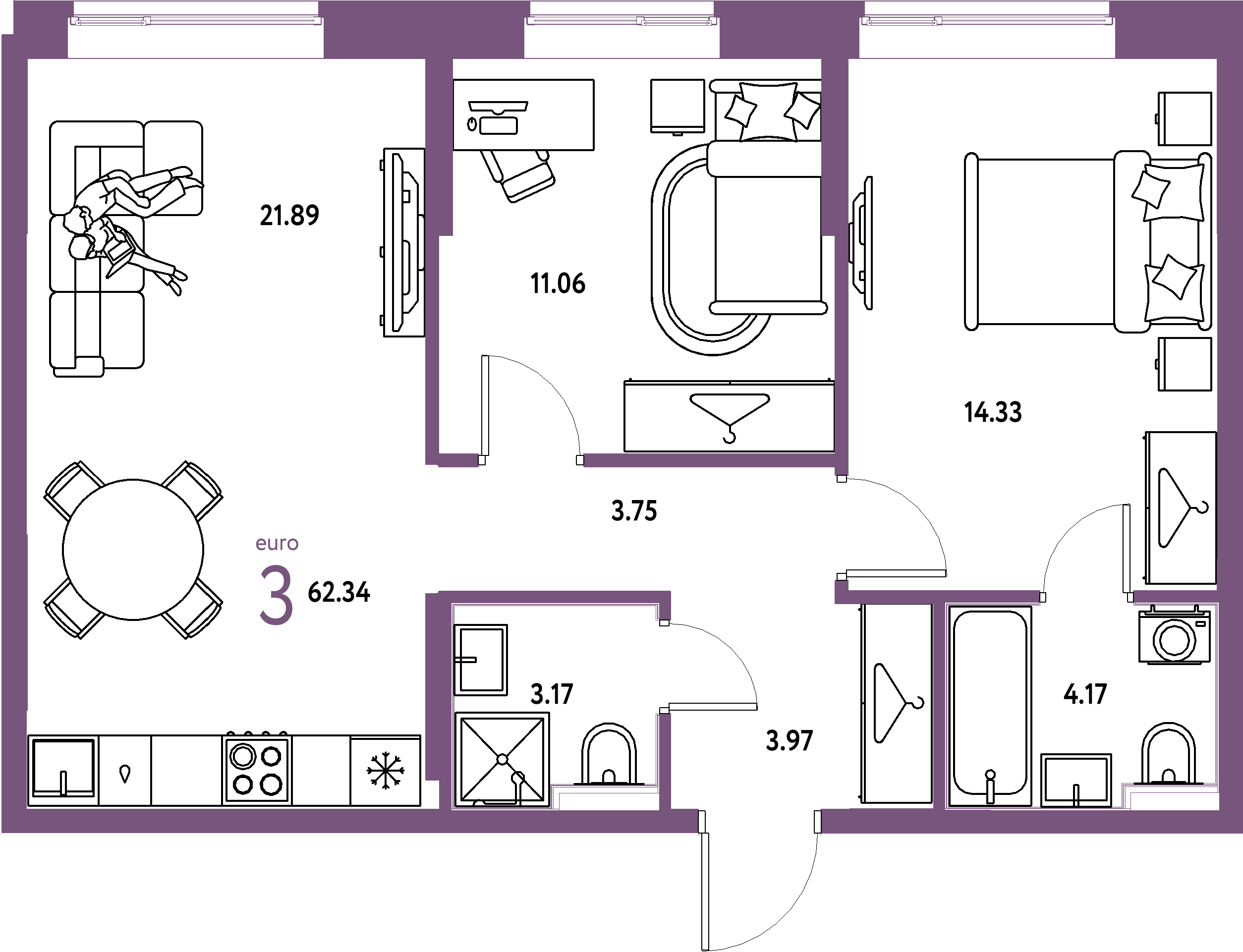 ЖК "Европейский берег 2.0"-3-комнатная 62.34 м²
