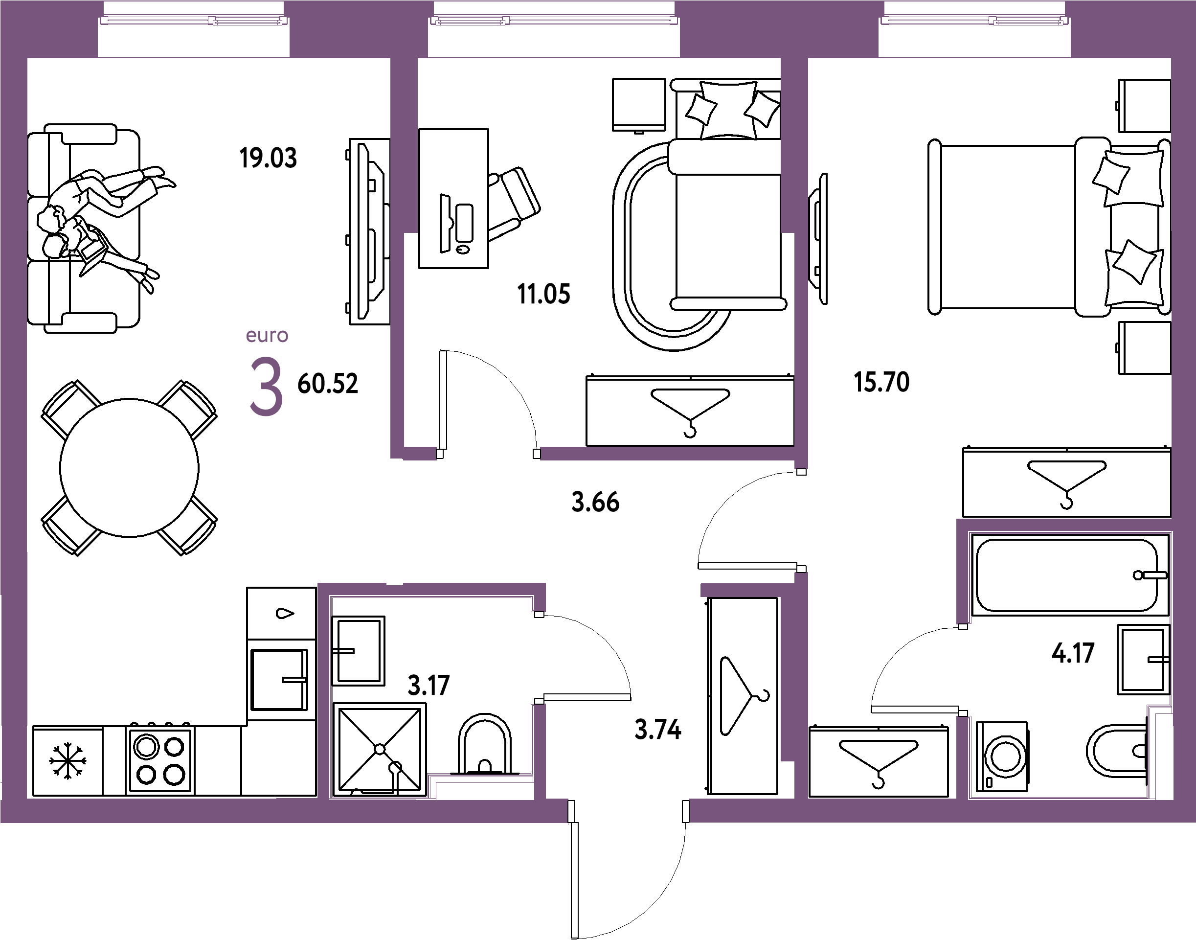 ЖК "Европейский берег 2.0"-3-комнатная 60.52 м²