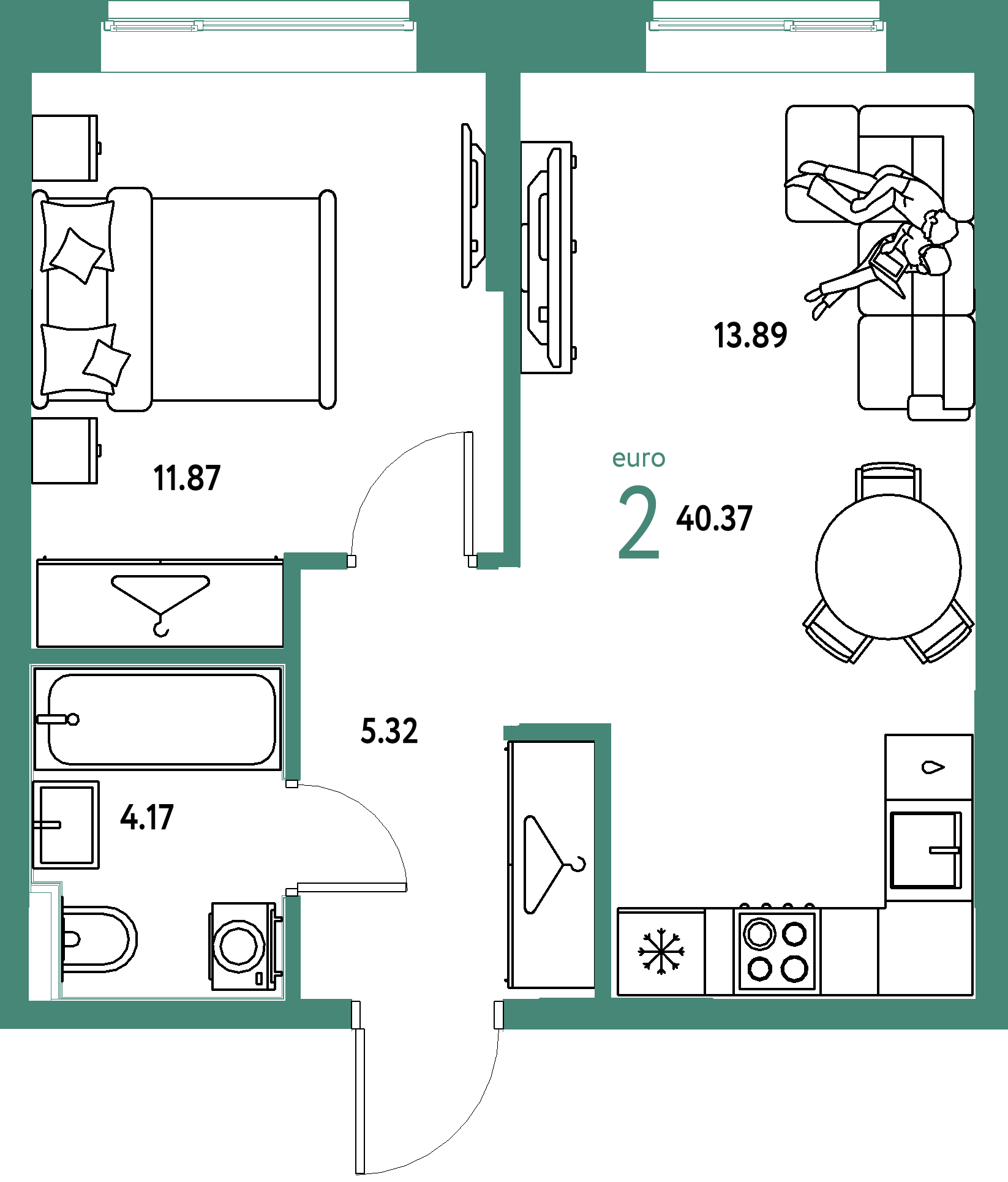 ЖК "Европейский берег 2.0"-2-комнатная 40.37 м²