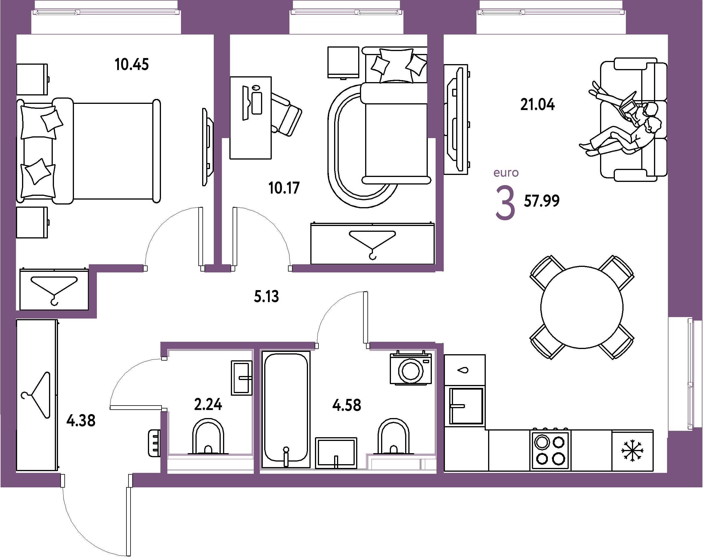 ЖК "Европейский берег 2.0"-3-комнатная 57.99 м²
