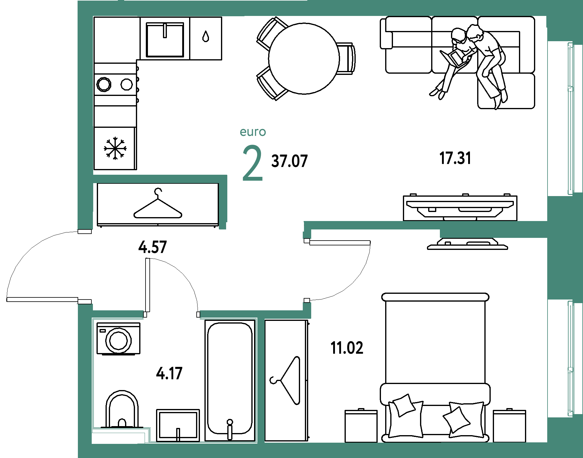 ЖК "Европейский берег 2.0"-2-комнатная 37.07 м²