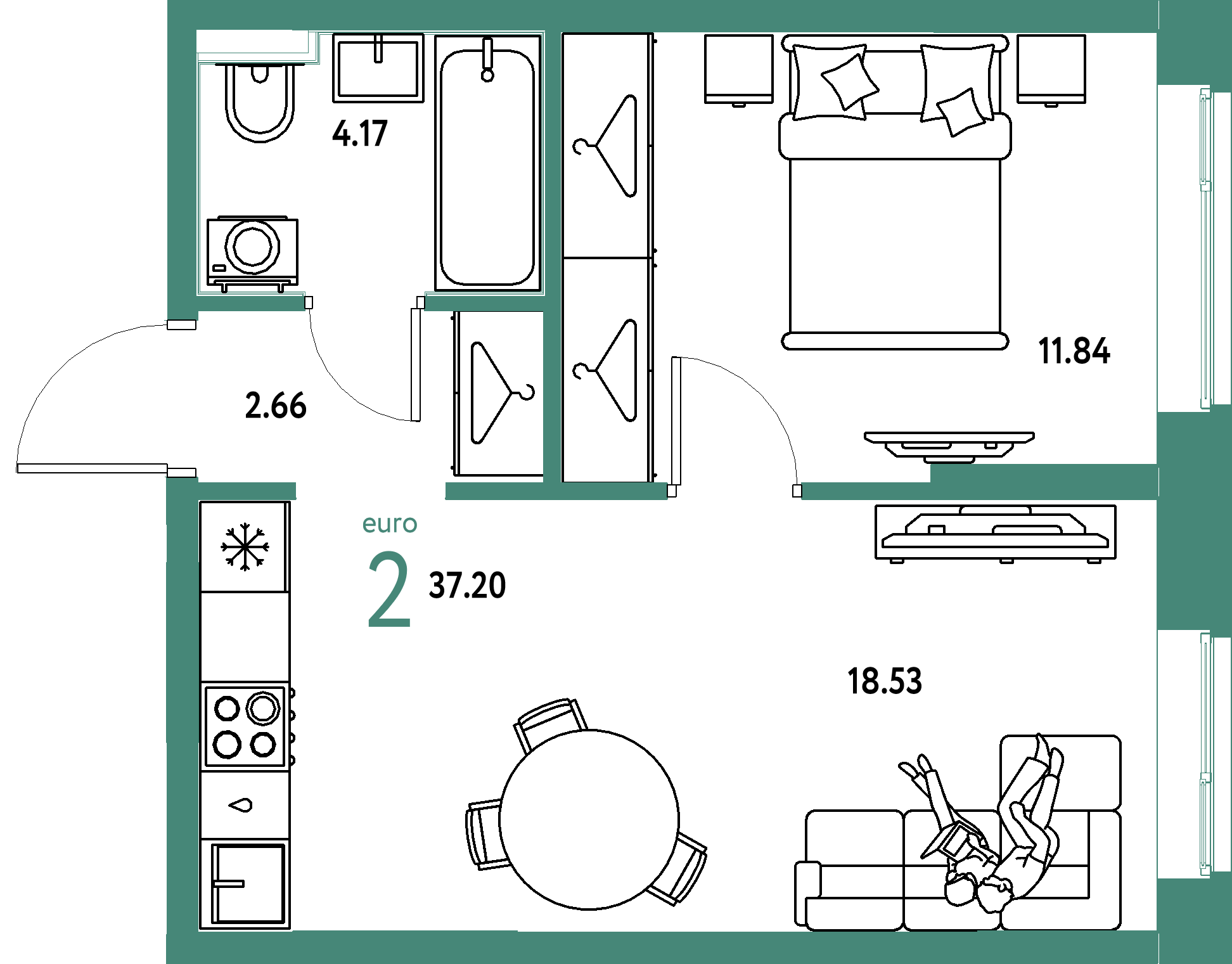 ЖК "Европейский берег 2.0"-2-комнатная 37.2 м²