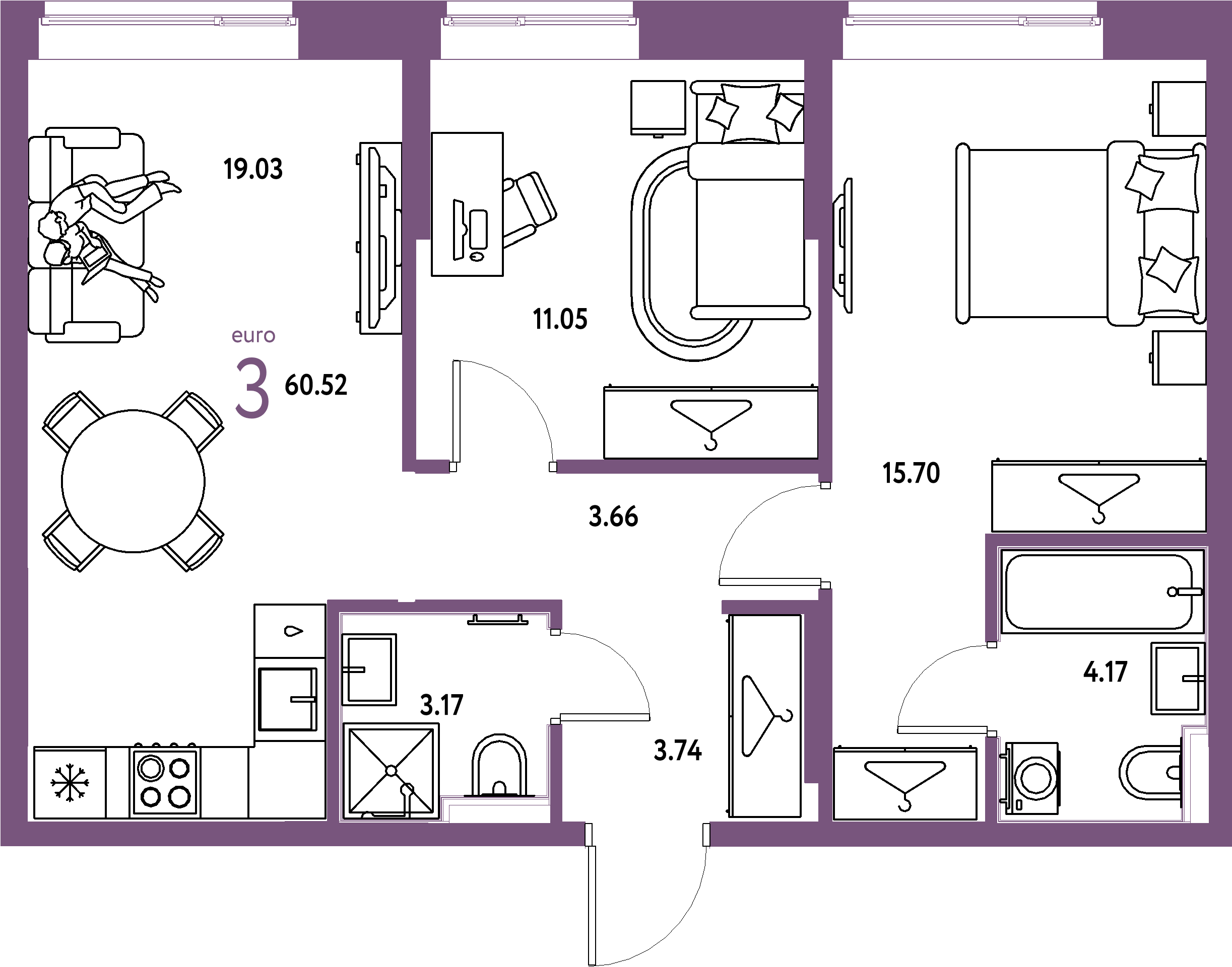 ЖК "Европейский берег 2.0"-3-комнатная 60.52 м²