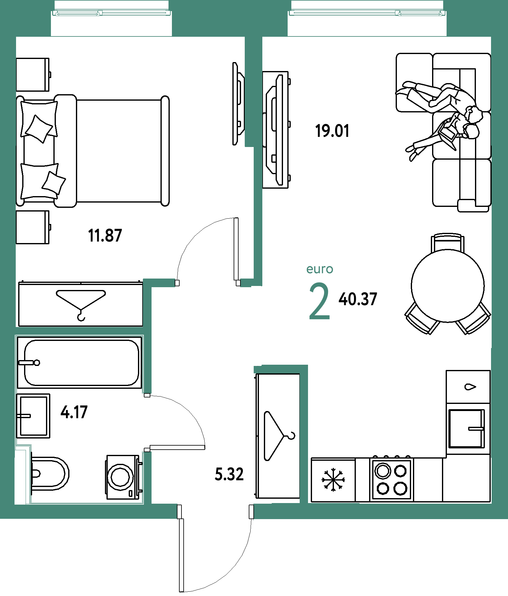 ЖК "Европейский берег 2.0"-2-комнатная 40.37 м²