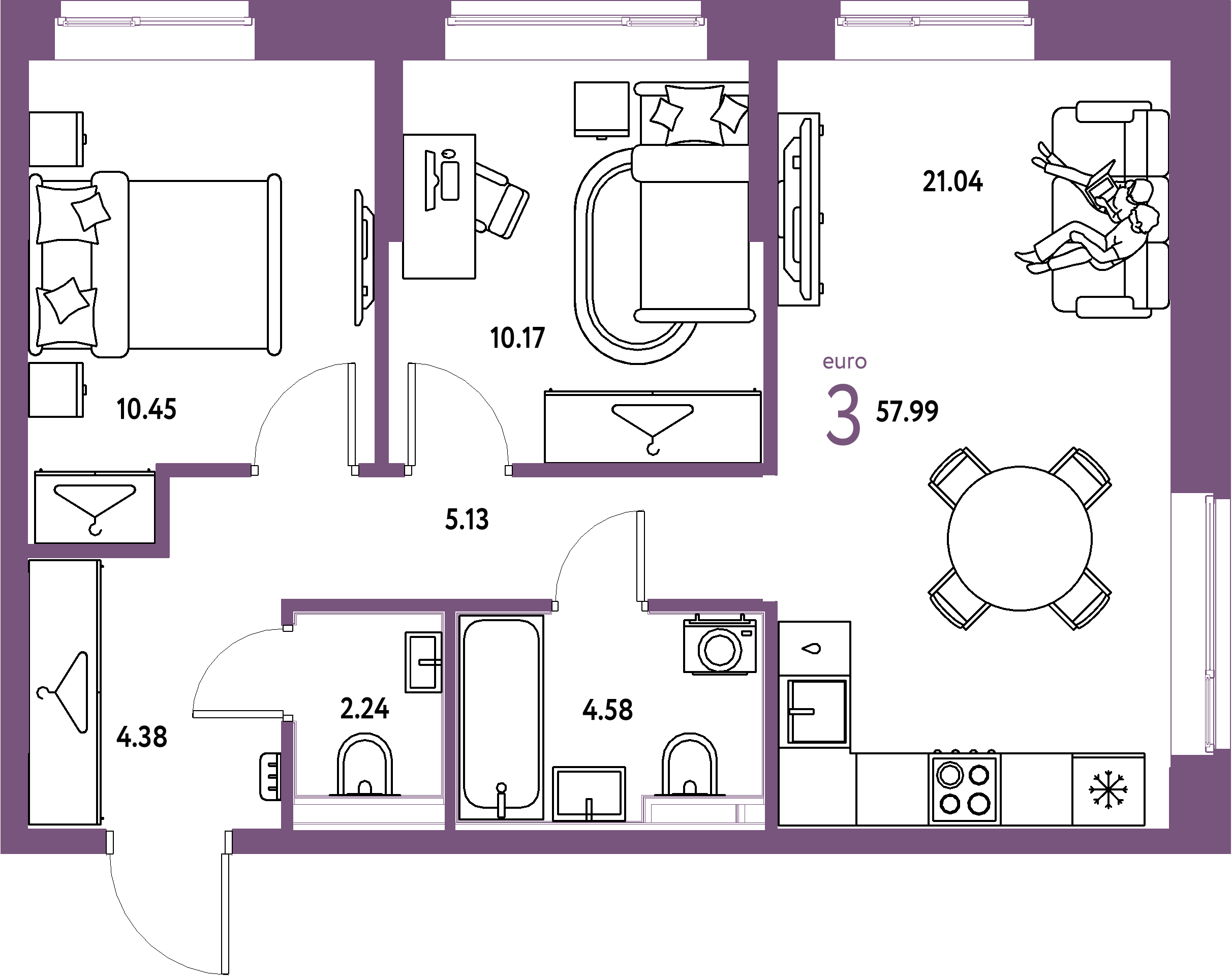 ЖК "Европейский берег 2.0"-3-комнатная 57.99 м²