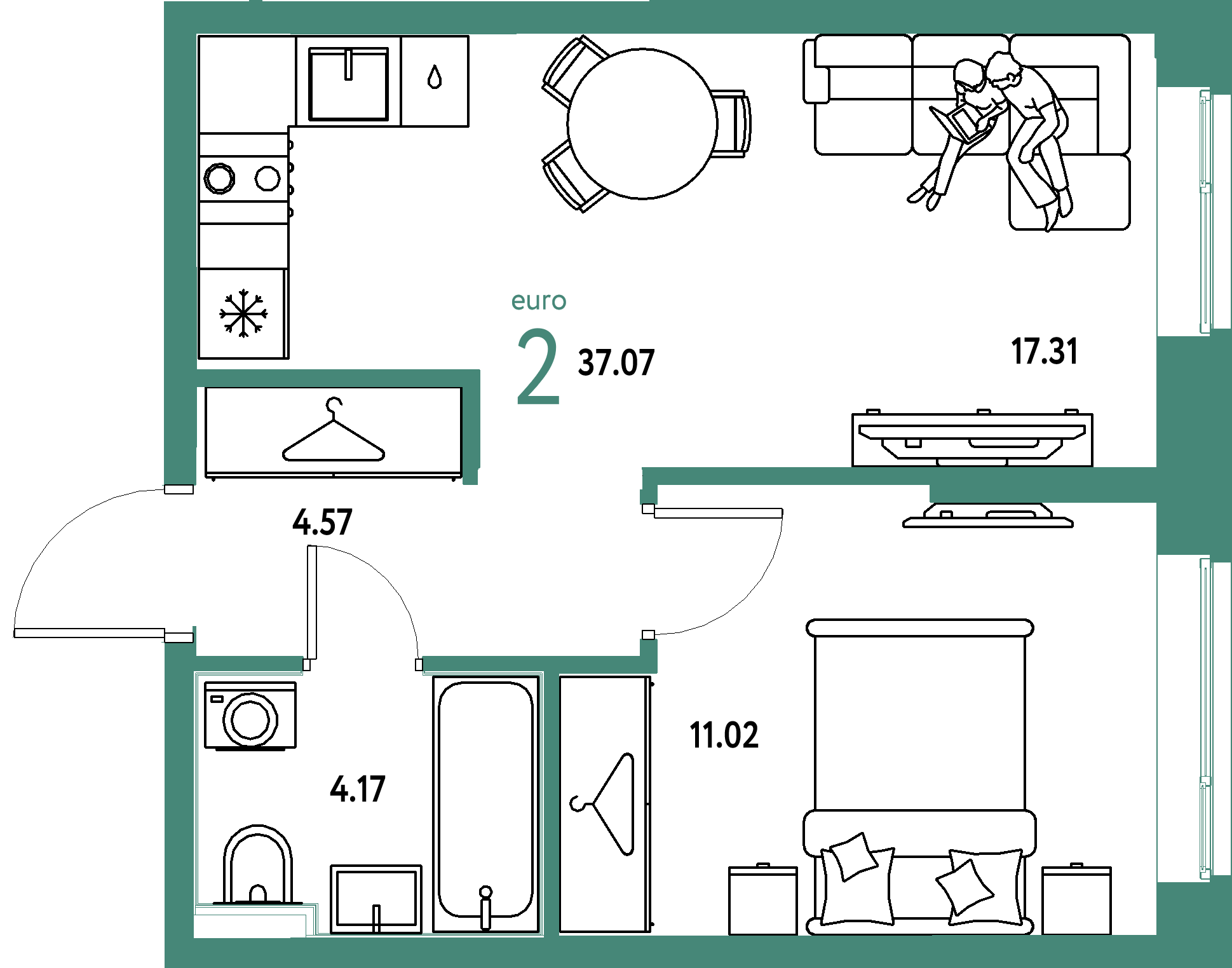 ЖК "Европейский берег 2.0"-2-комнатная 37.07 м²