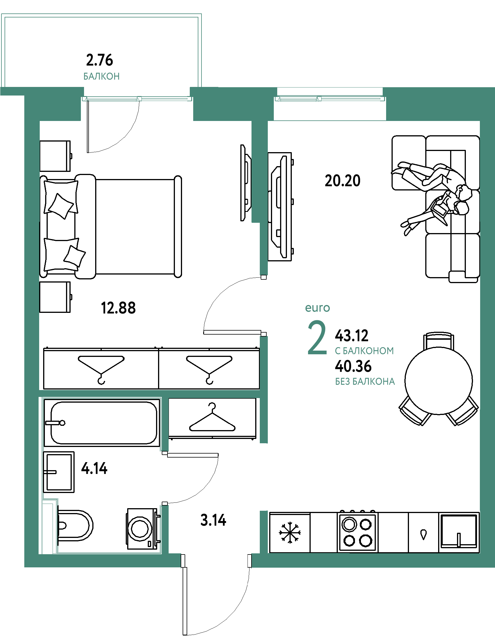 ЖК "Европейский берег 2.0"-2-комнатная 43.12 м²