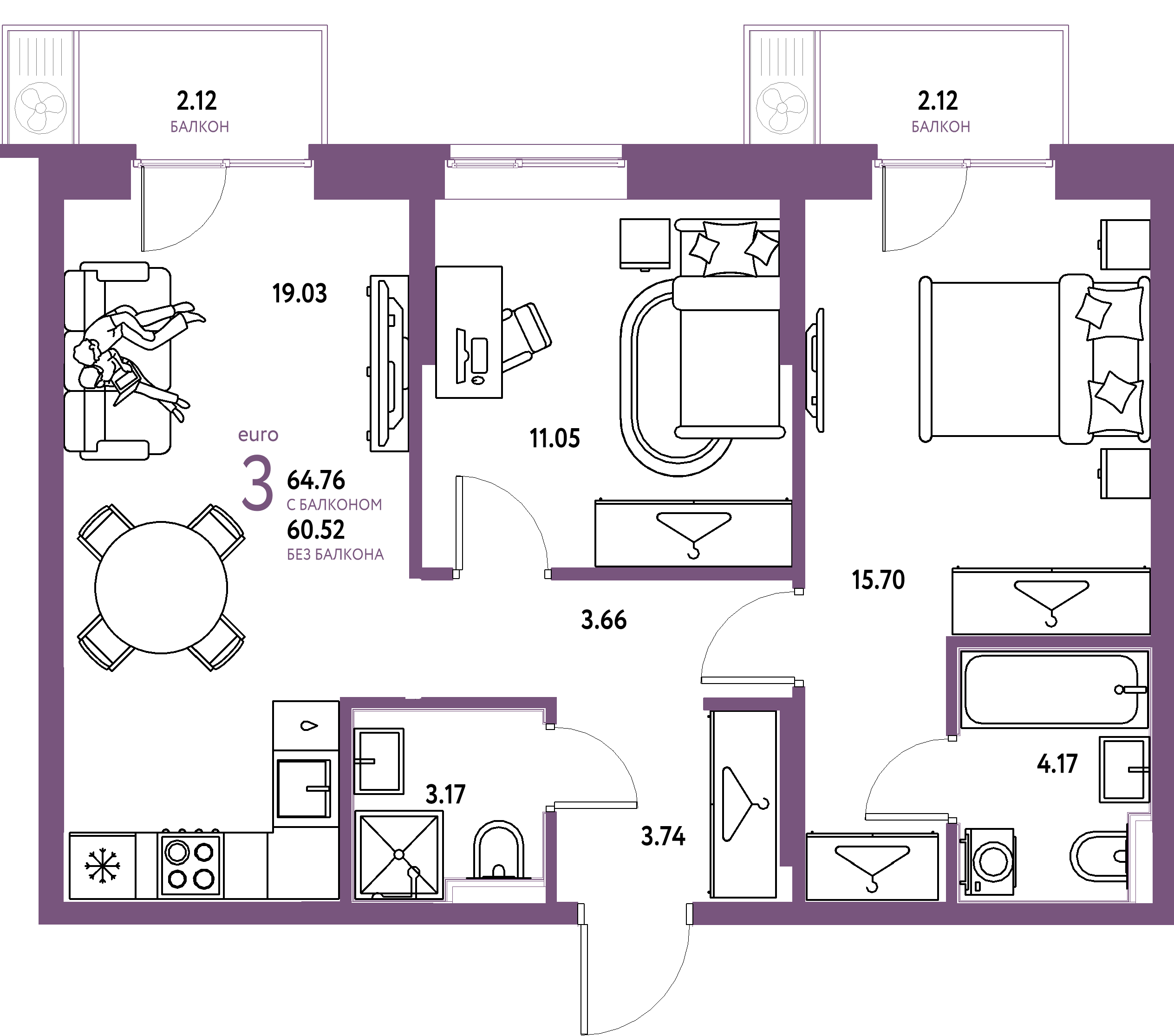 ЖК "Европейский берег 2.0"-3-комнатная 64.76 м²