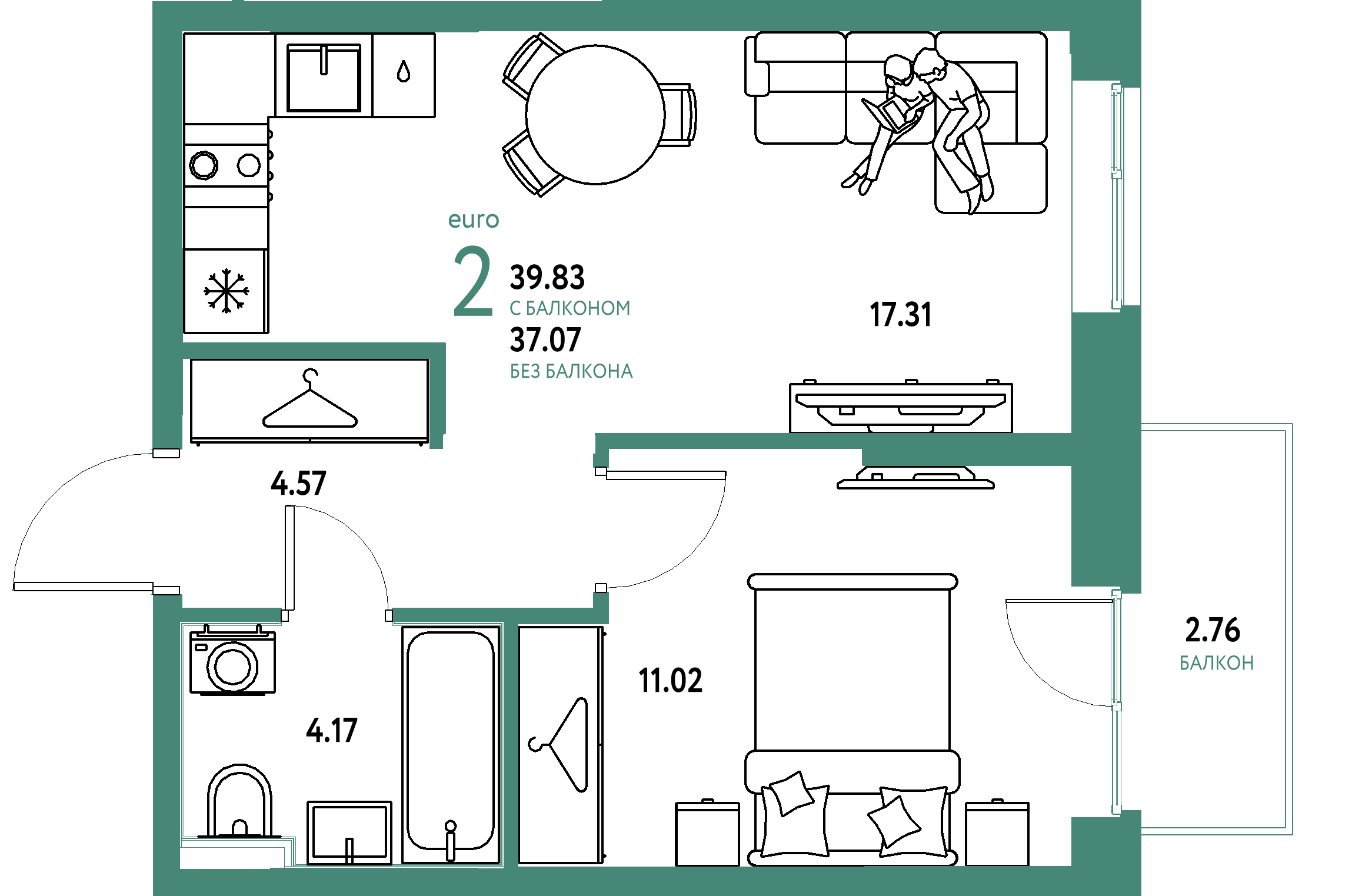 ЖК "Европейский берег 2.0"-2-комнатная 39.83 м²