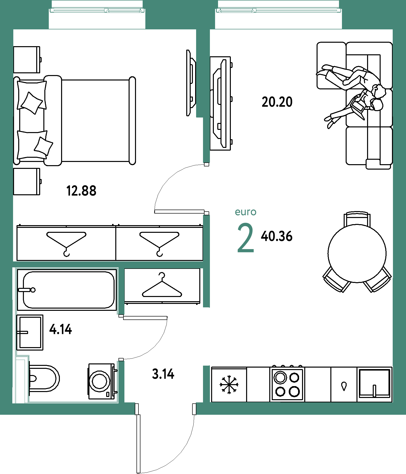 ЖК "Европейский берег 2.0"-2-комнатная 40.36 м²