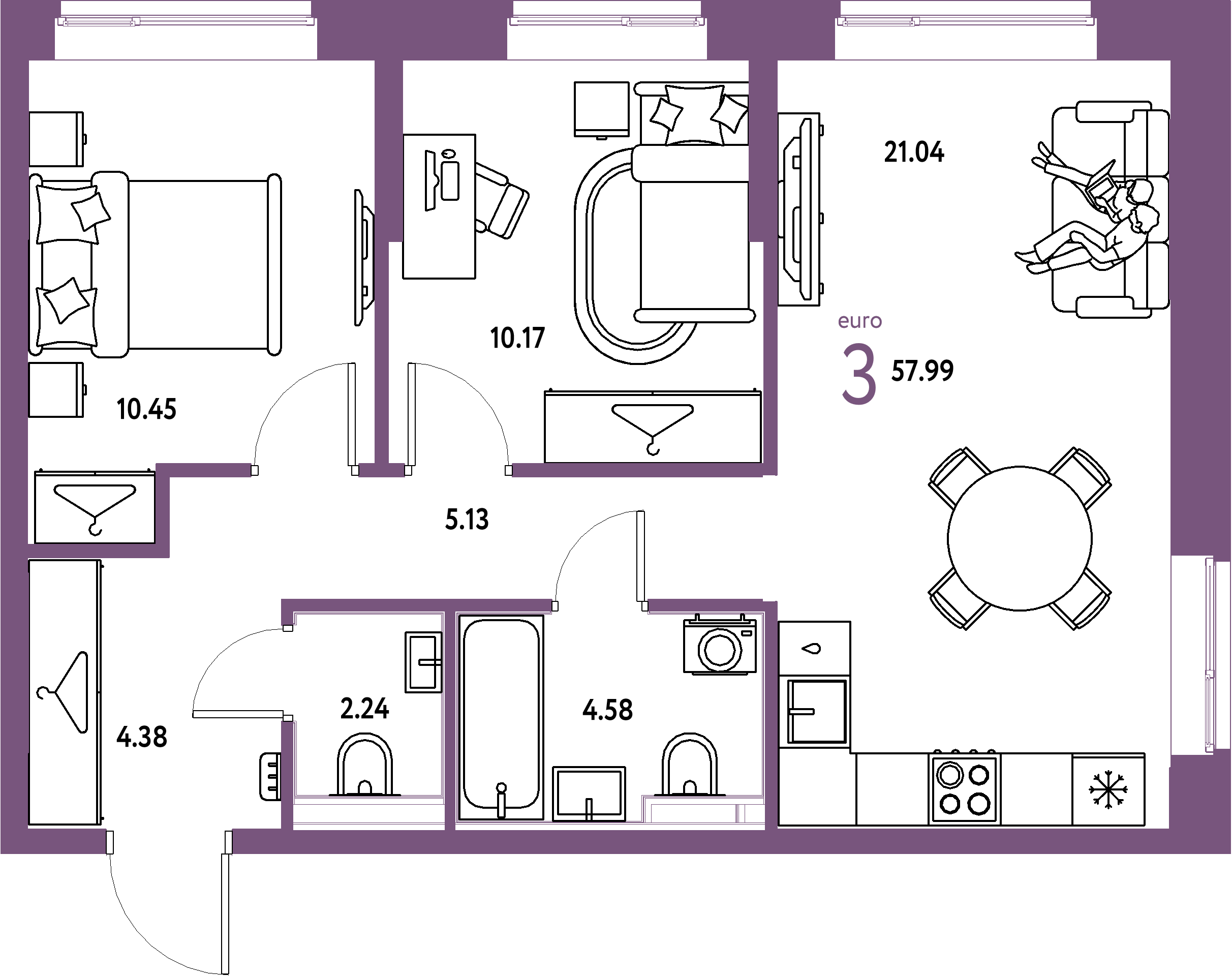 ЖК "Европейский берег 2.0"-3-комнатная 57.99 м²