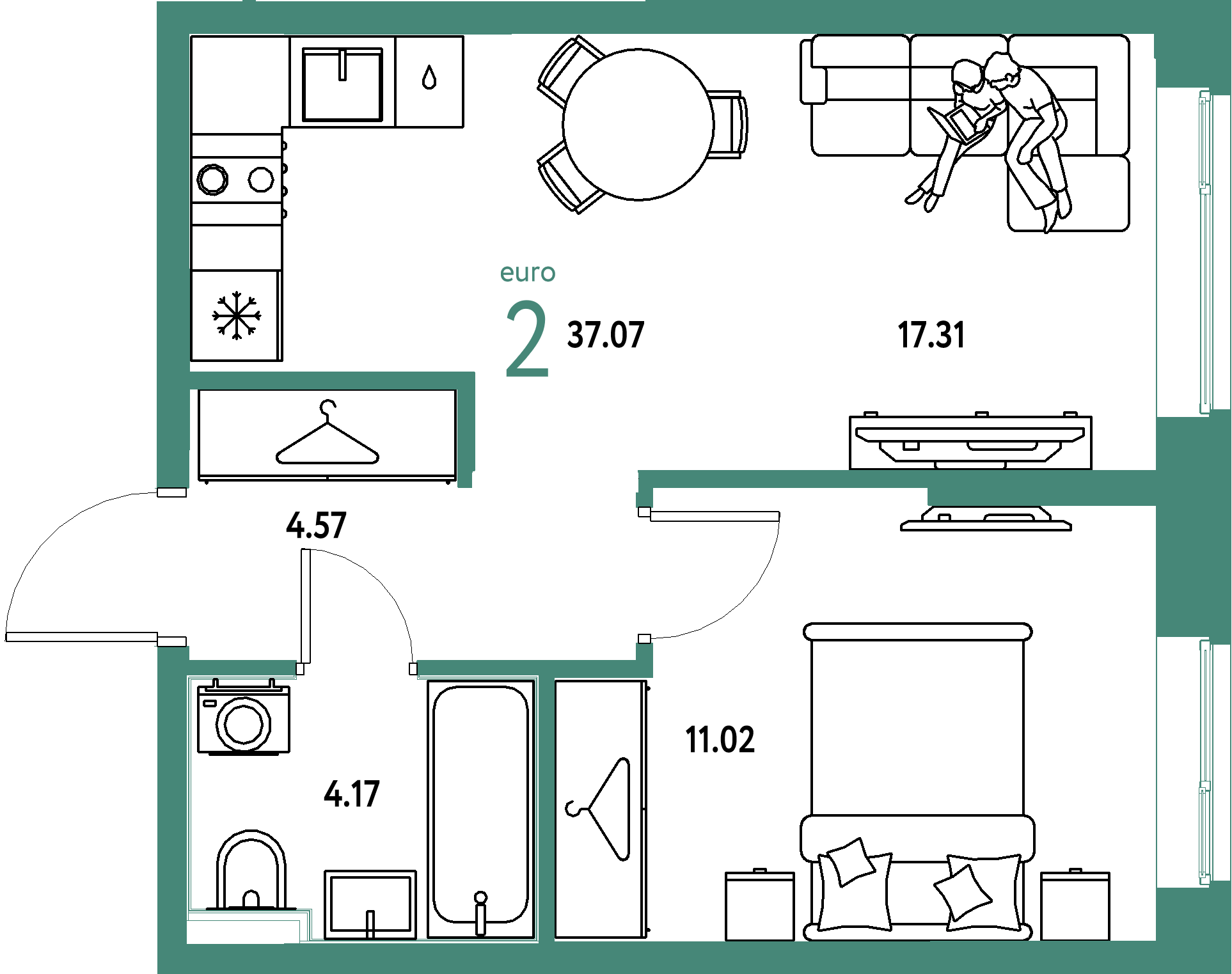 ЖК "Европейский берег 2.0"-2-комнатная 37.07 м²