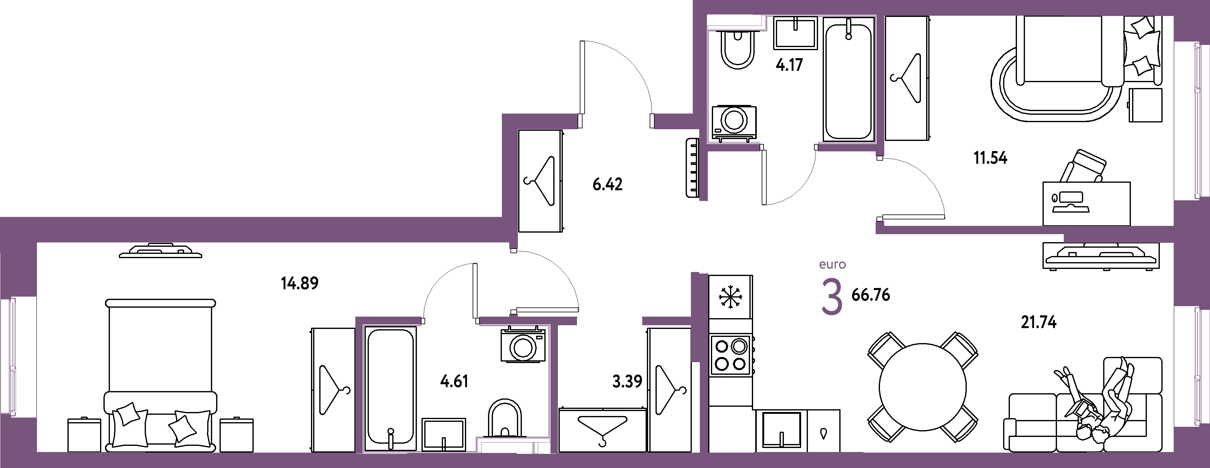 ЖК "Европейский берег 2.0"-3-комнатная 66.76 м²