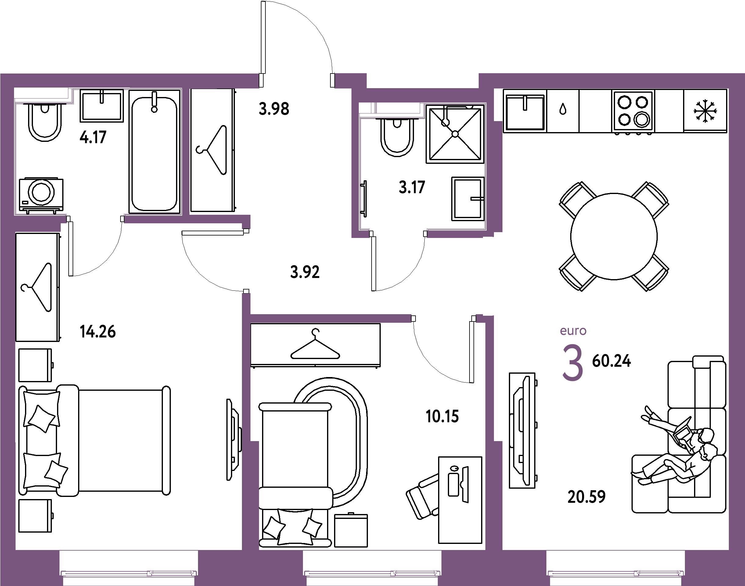 ЖК "Европейский берег 2.0"-3-комнатная 60.24 м²