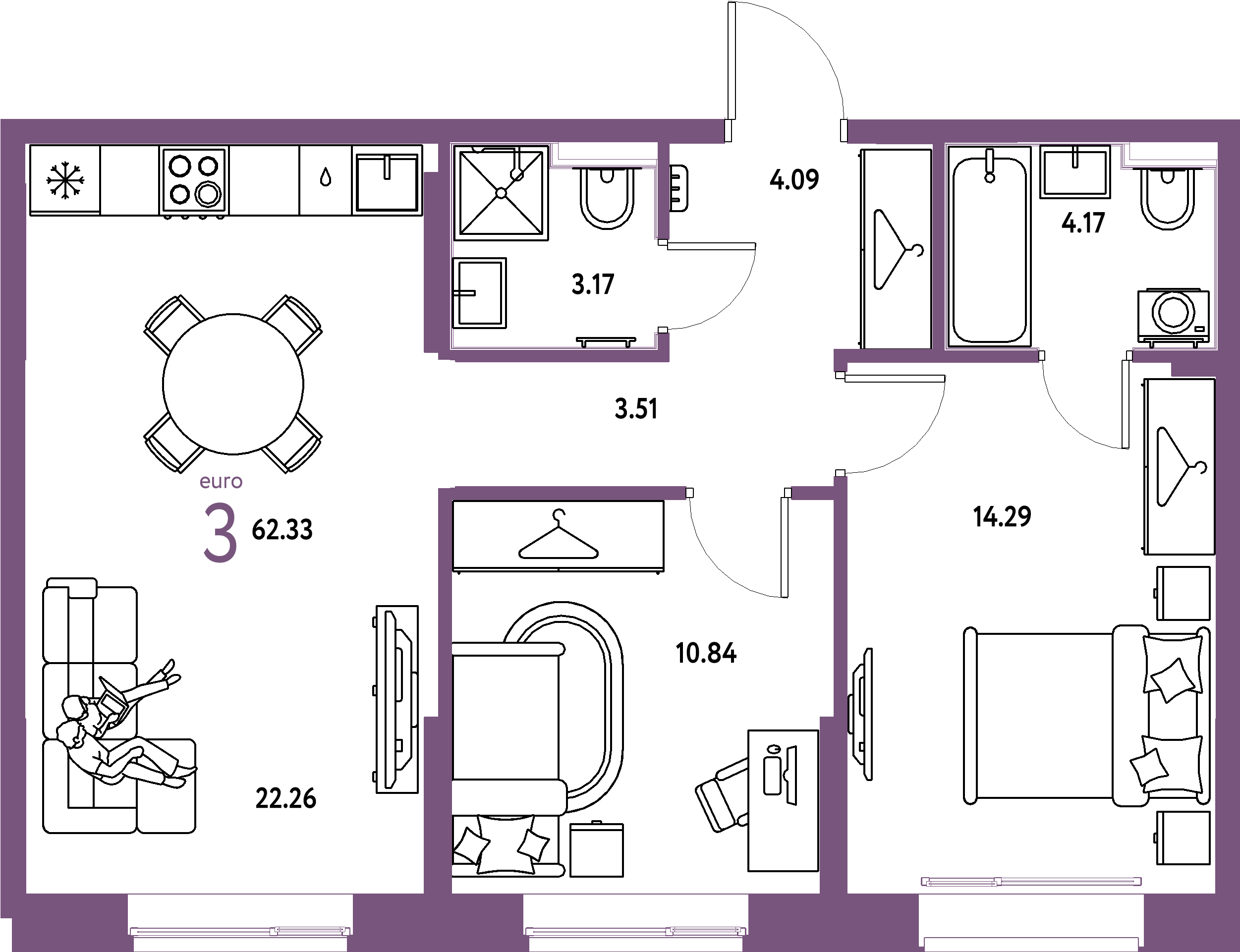 ЖК "Европейский берег 2.0"-3-комнатная 62.33 м²