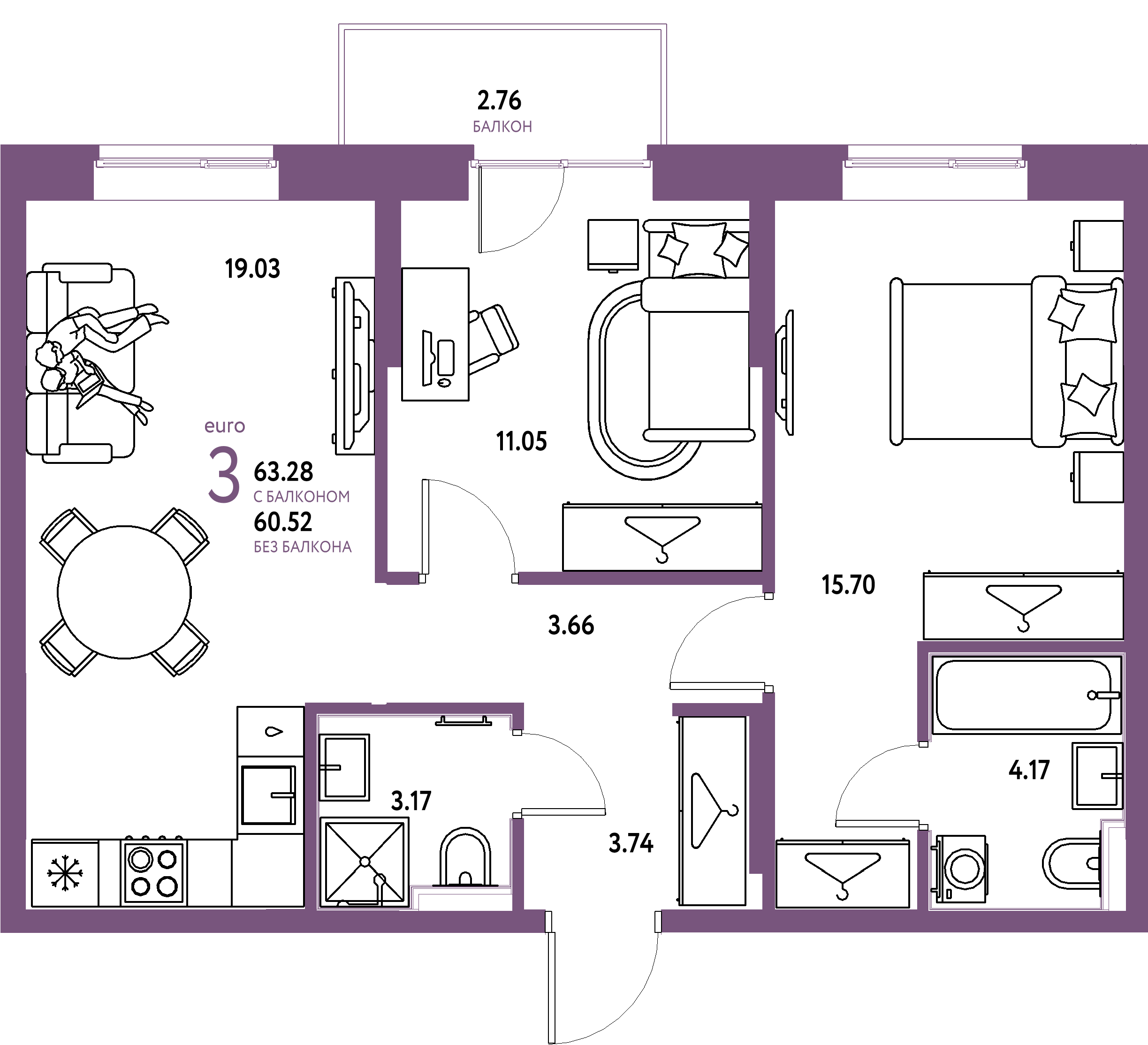ЖК "Европейский берег 2.0"-3-комнатная 63.28 м²