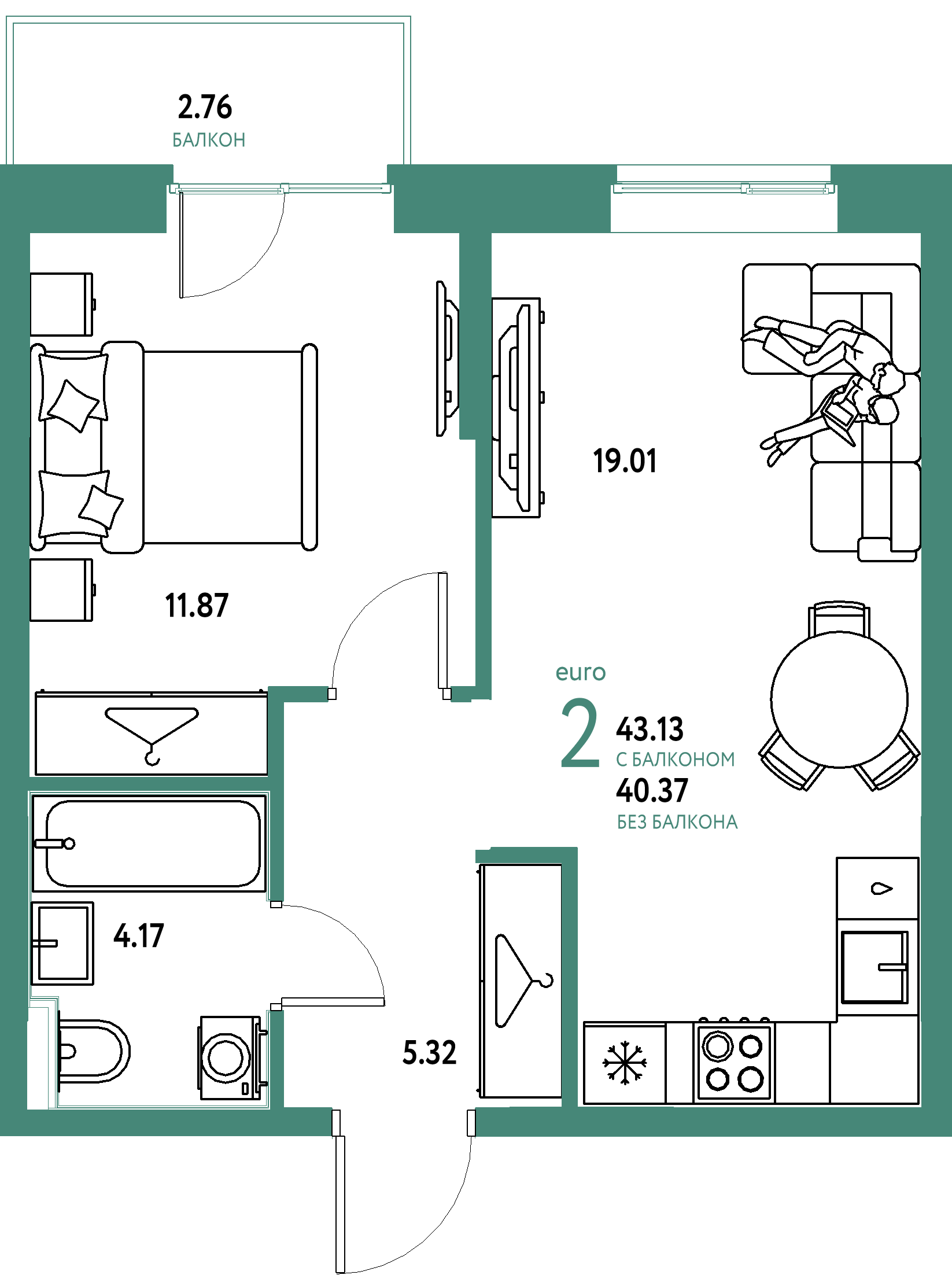 ЖК "Европейский берег 2.0"-2-комнатная 43.13 м²