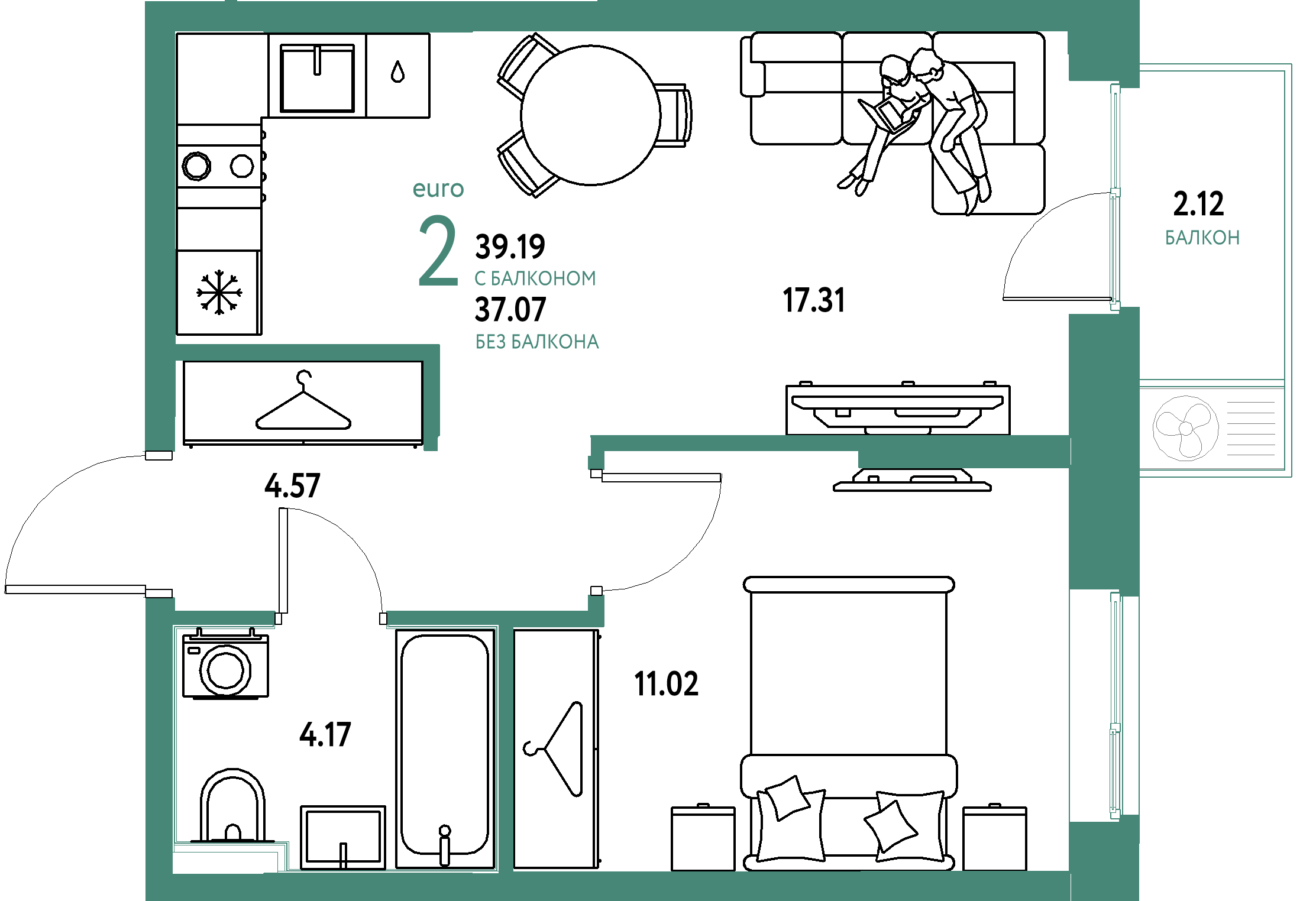ЖК "Европейский берег 2.0"-2-комнатная 39.19 м²