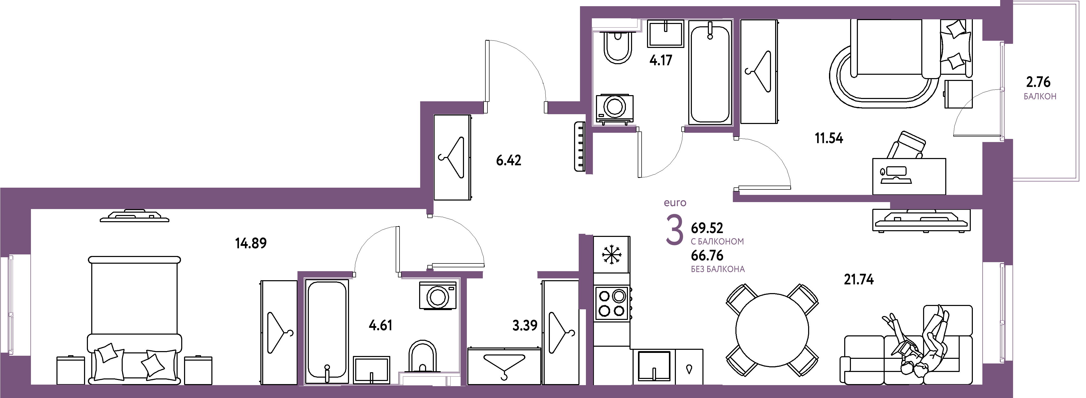 ЖК "Европейский берег 2.0"-3-комнатная 69.52 м²