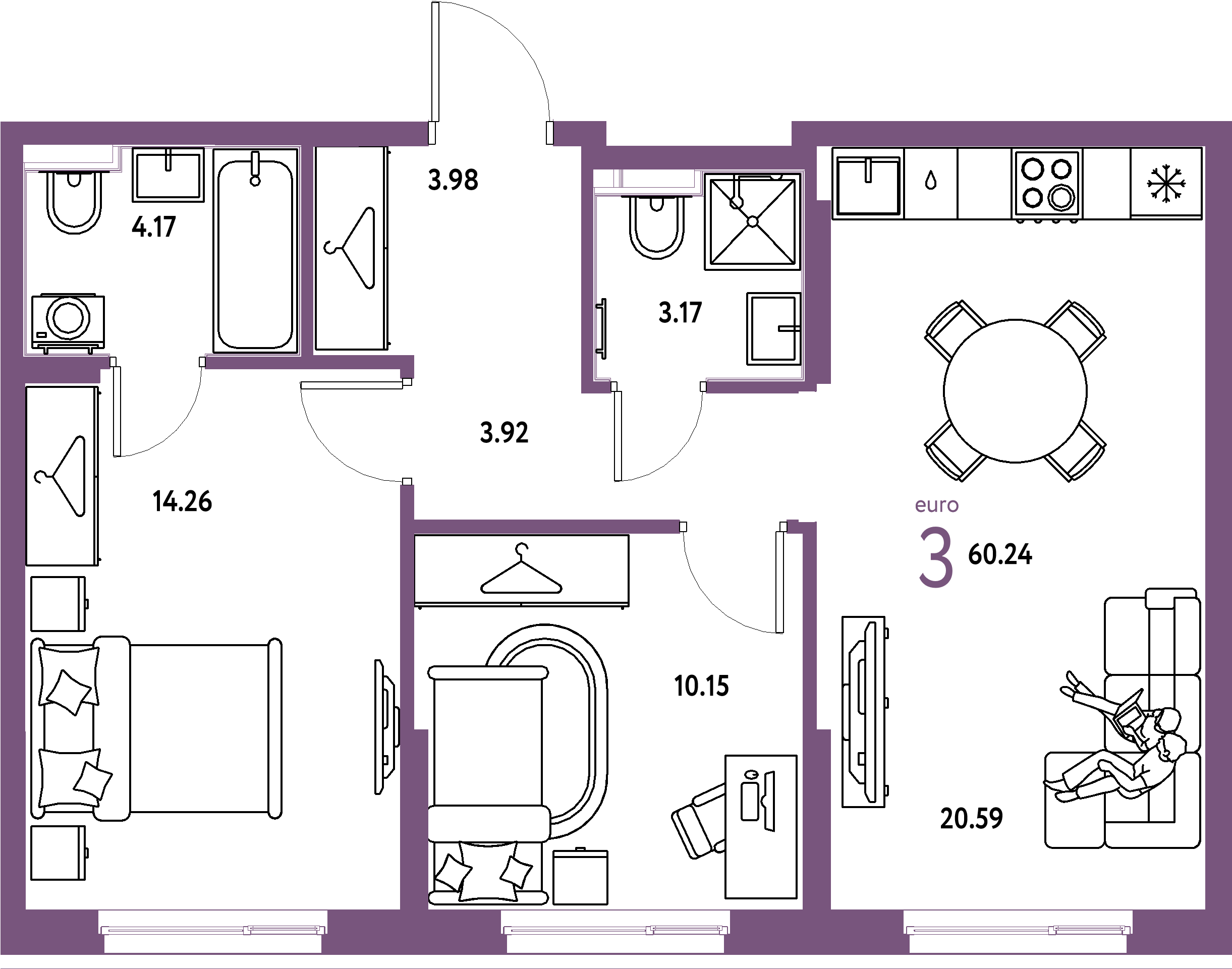 ЖК "Европейский берег 2.0"-3-комнатная 60.24 м²