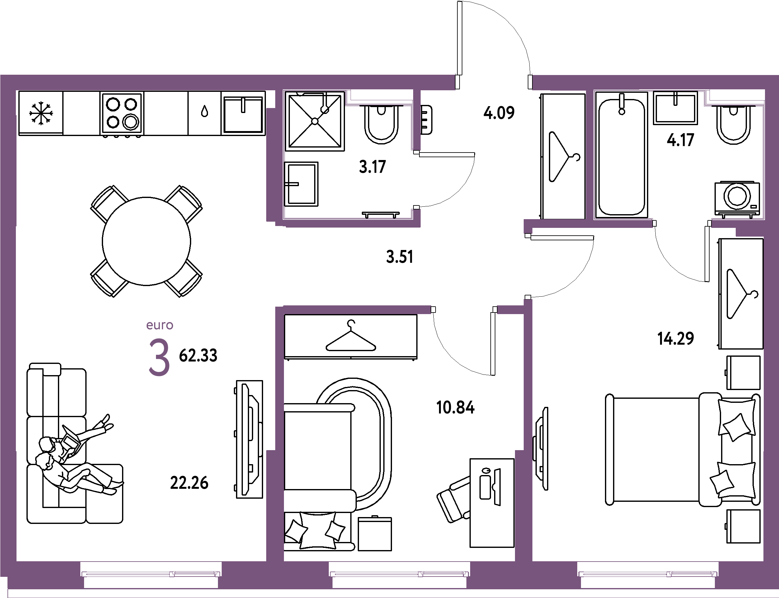 ЖК "Европейский берег 2.0"-3-комнатная 62.33 м²