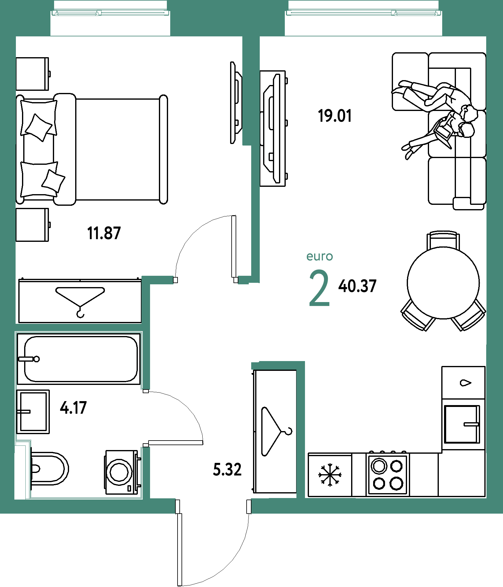 ЖК "Европейский берег 2.0"-2-комнатная 40.37 м²