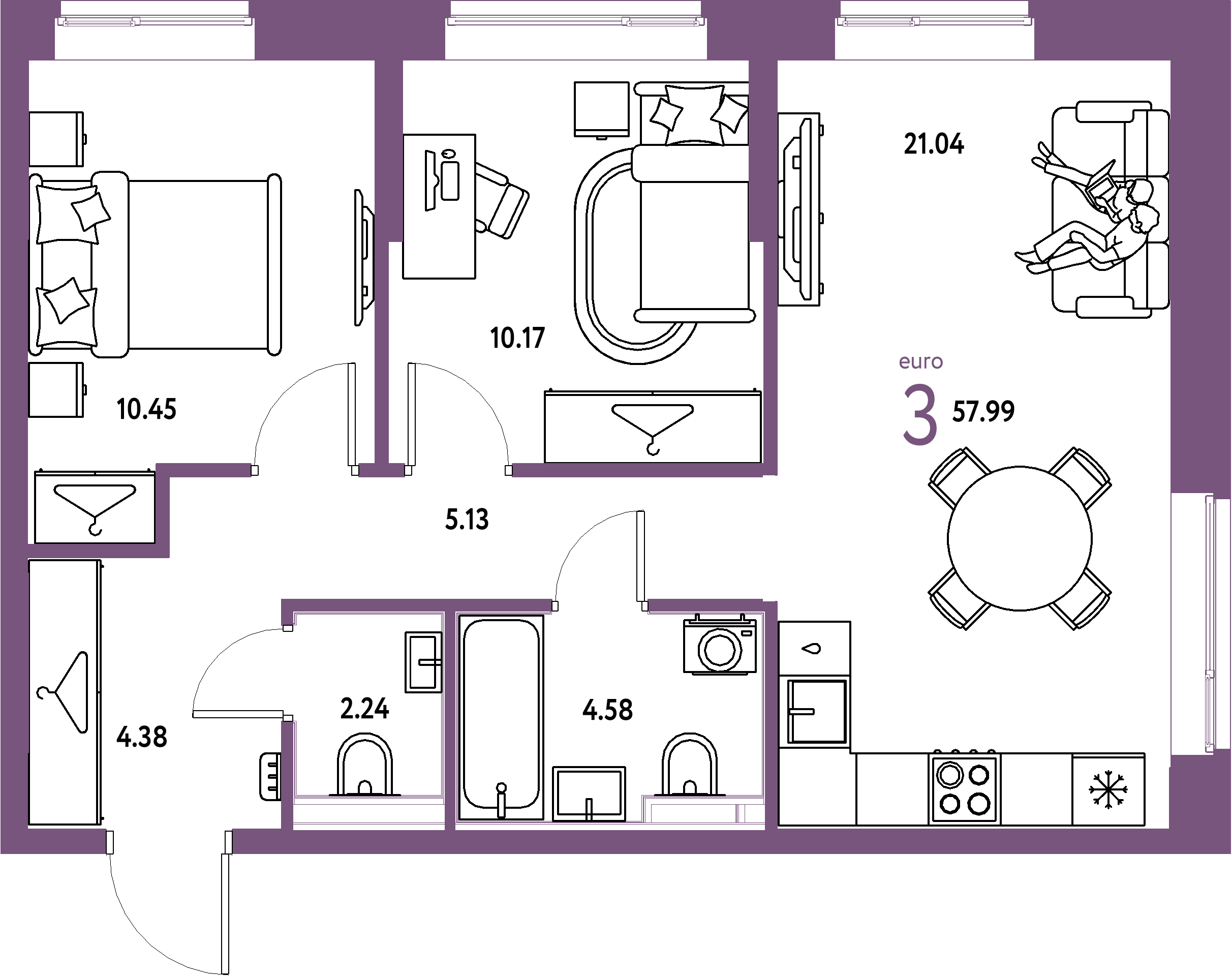 ЖК "Европейский берег 2.0"-3-комнатная 57.99 м²