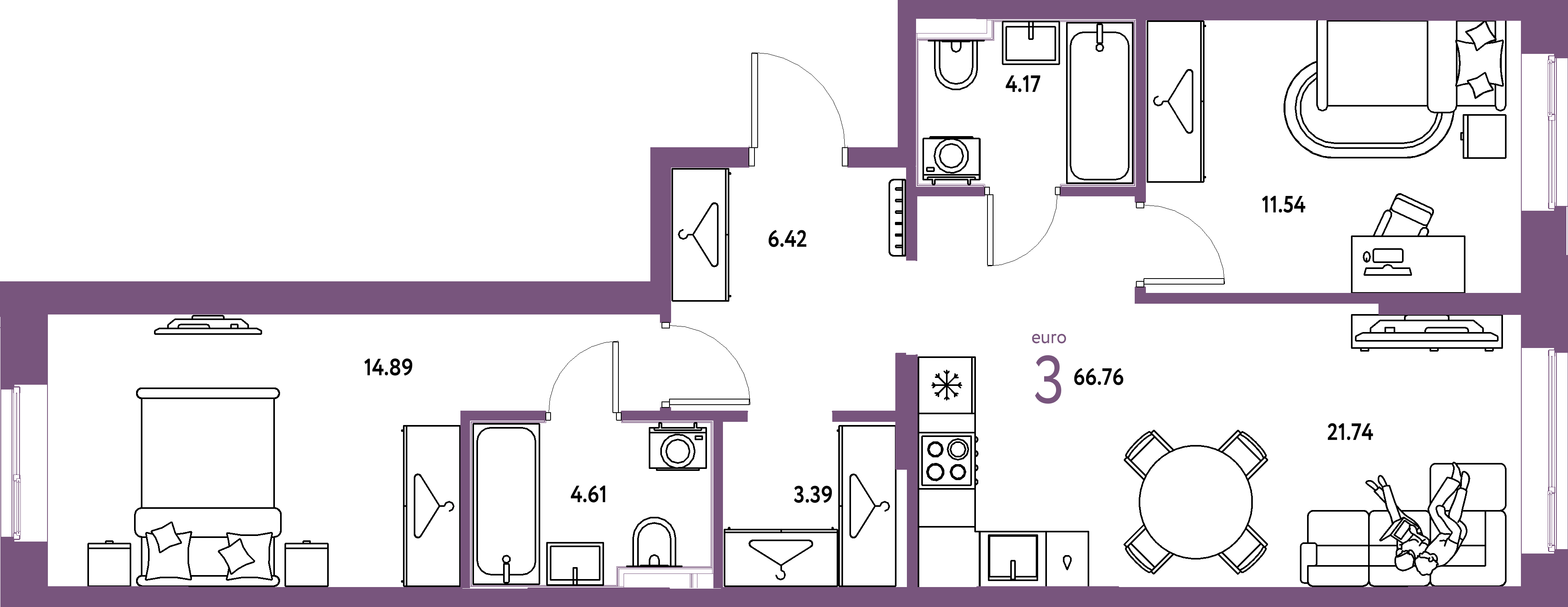 ЖК "Европейский берег 2.0"-3-комнатная 66.76 м²
