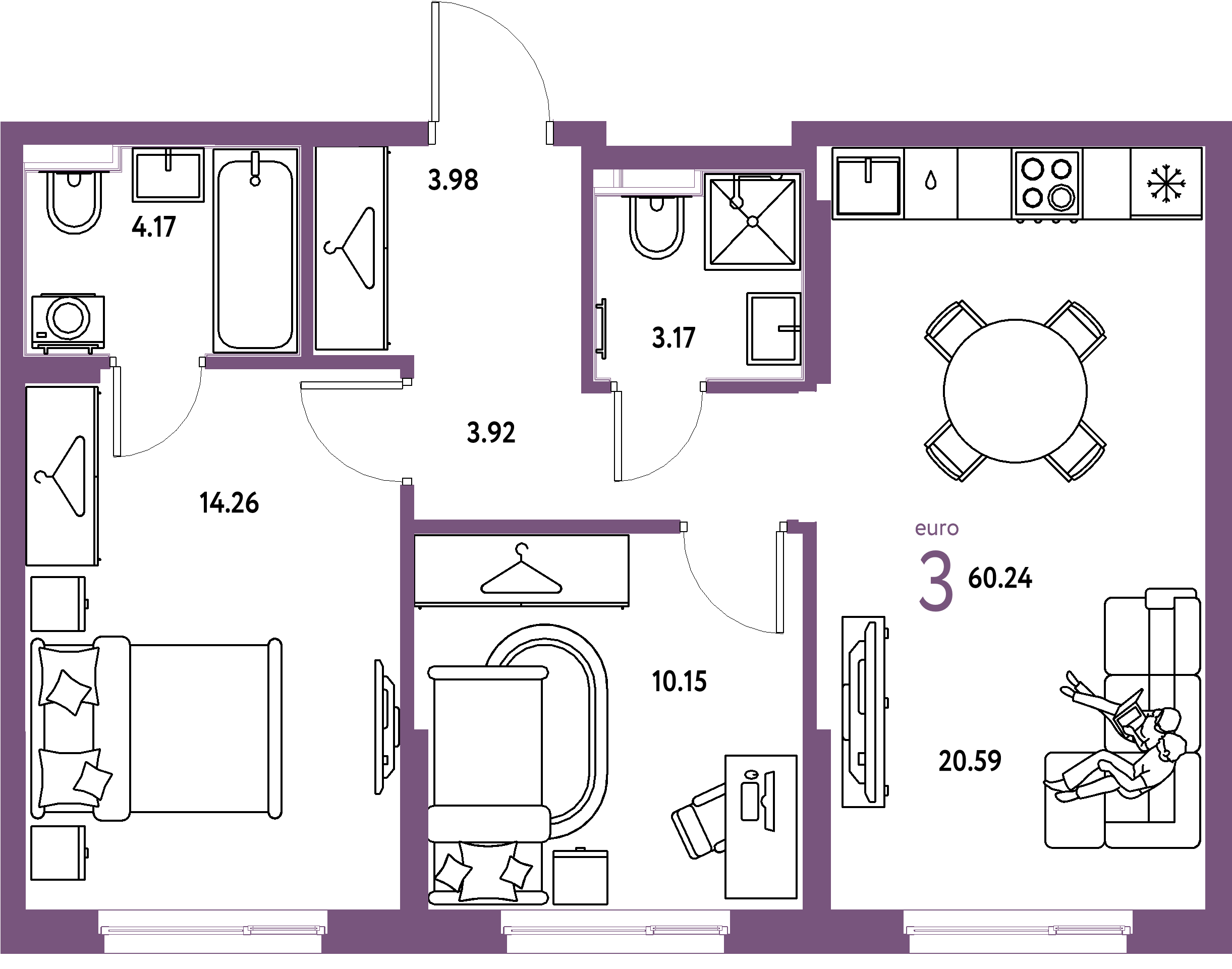 ЖК "Европейский берег 2.0"-3-комнатная 60.24 м²