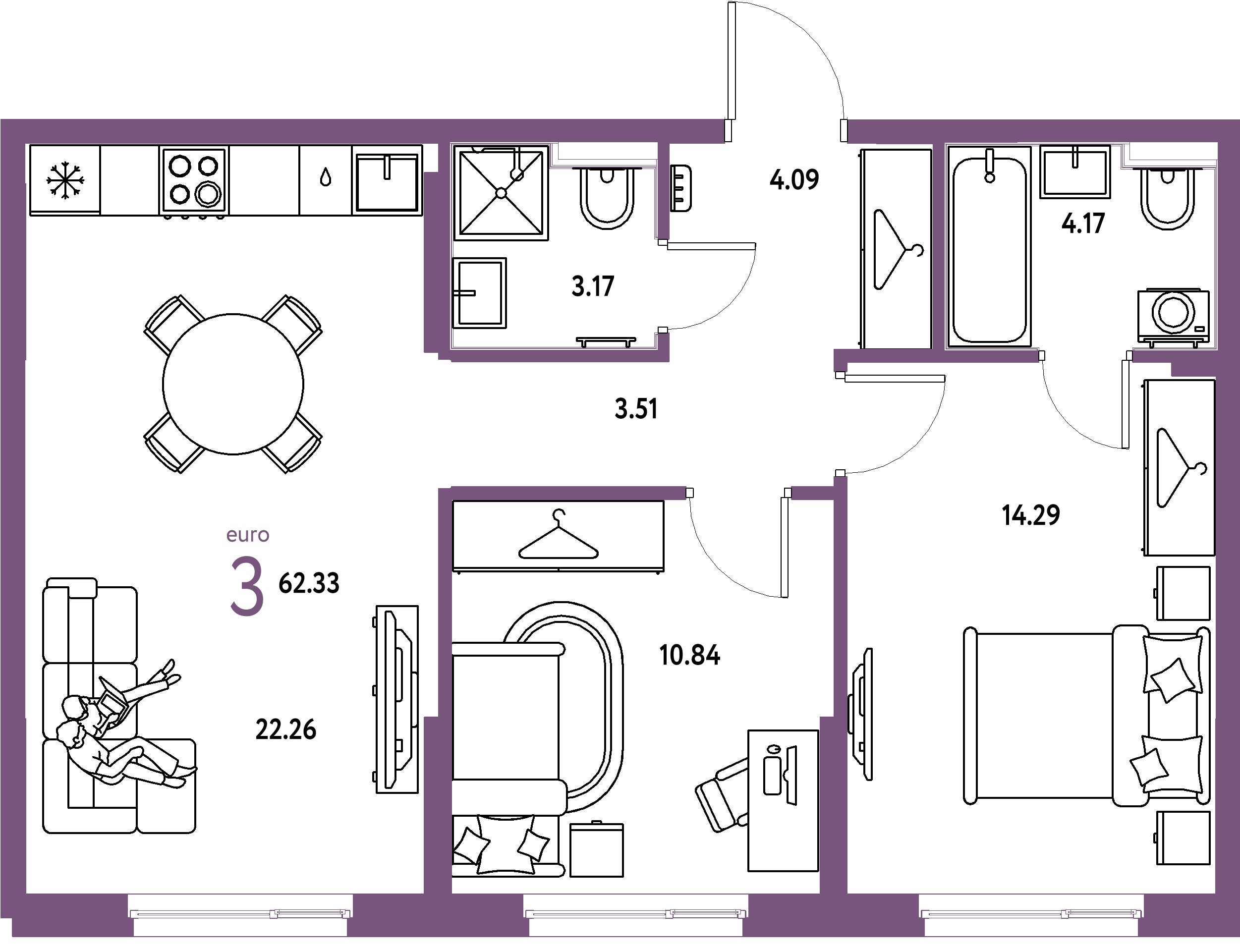 ЖК "Европейский берег 2.0"-3-комнатная 62.33 м²