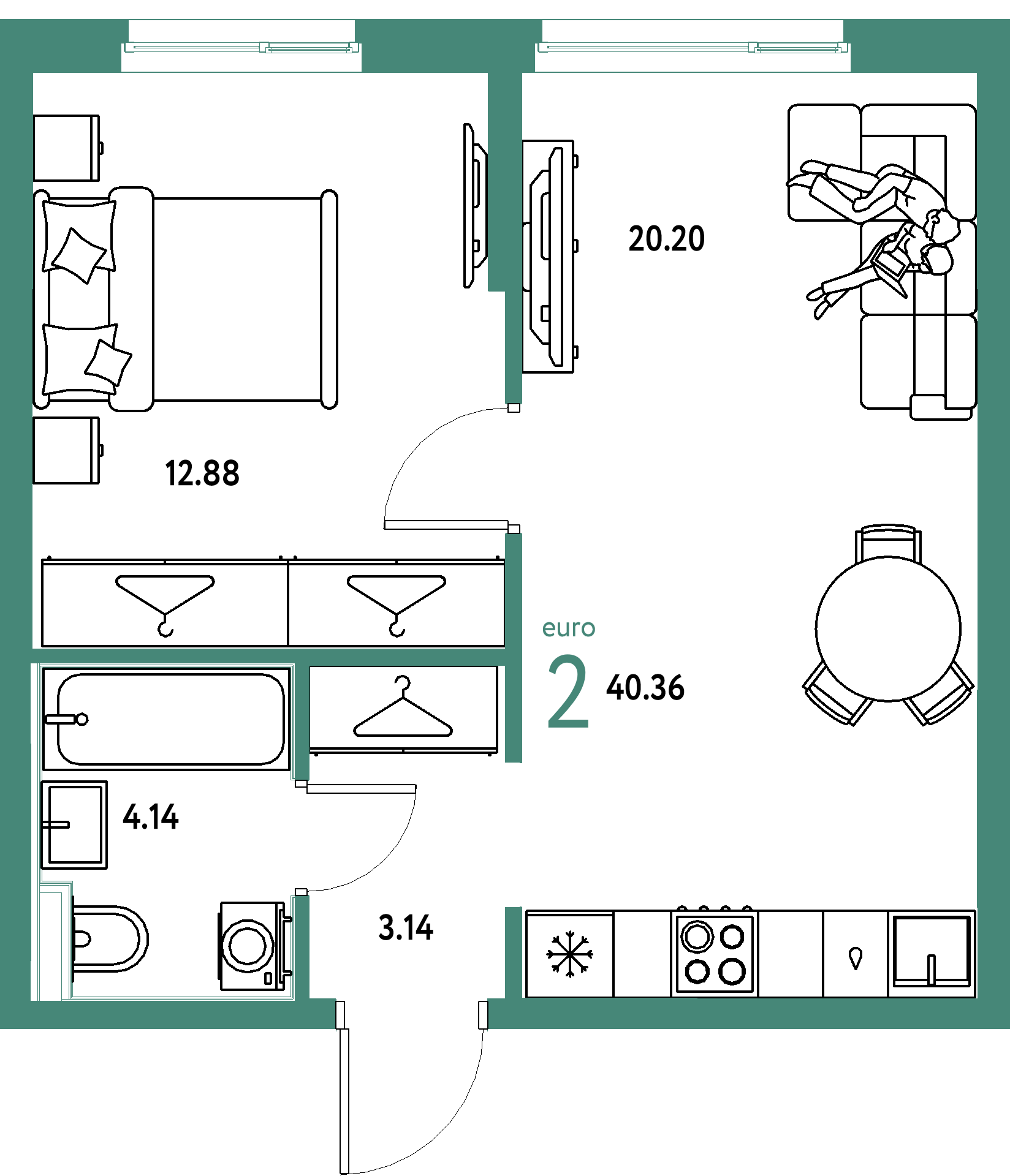 ЖК "Европейский берег 2.0"-2-комнатная 40.36 м²
