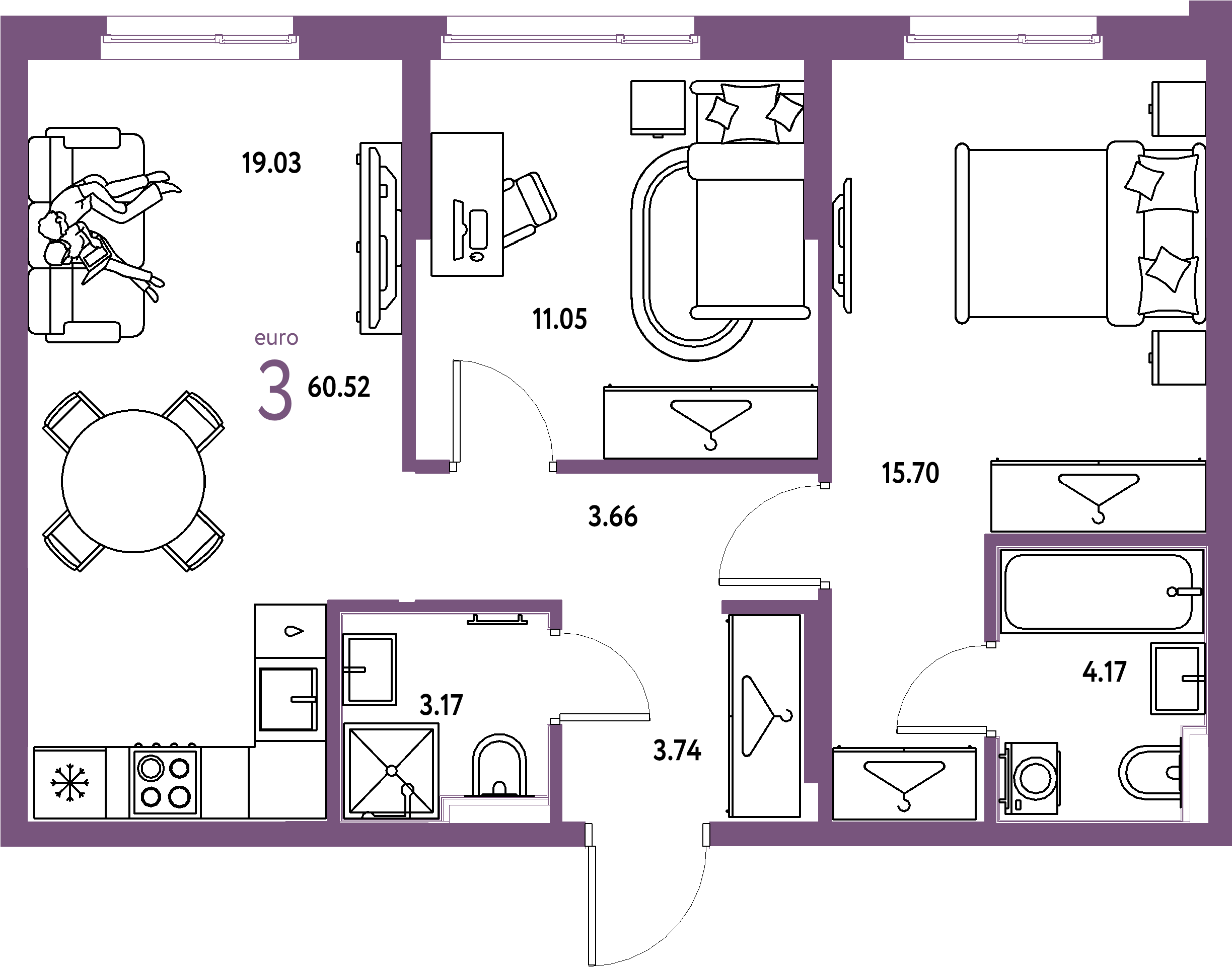 ЖК "Европейский берег 2.0"-3-комнатная 60.52 м²
