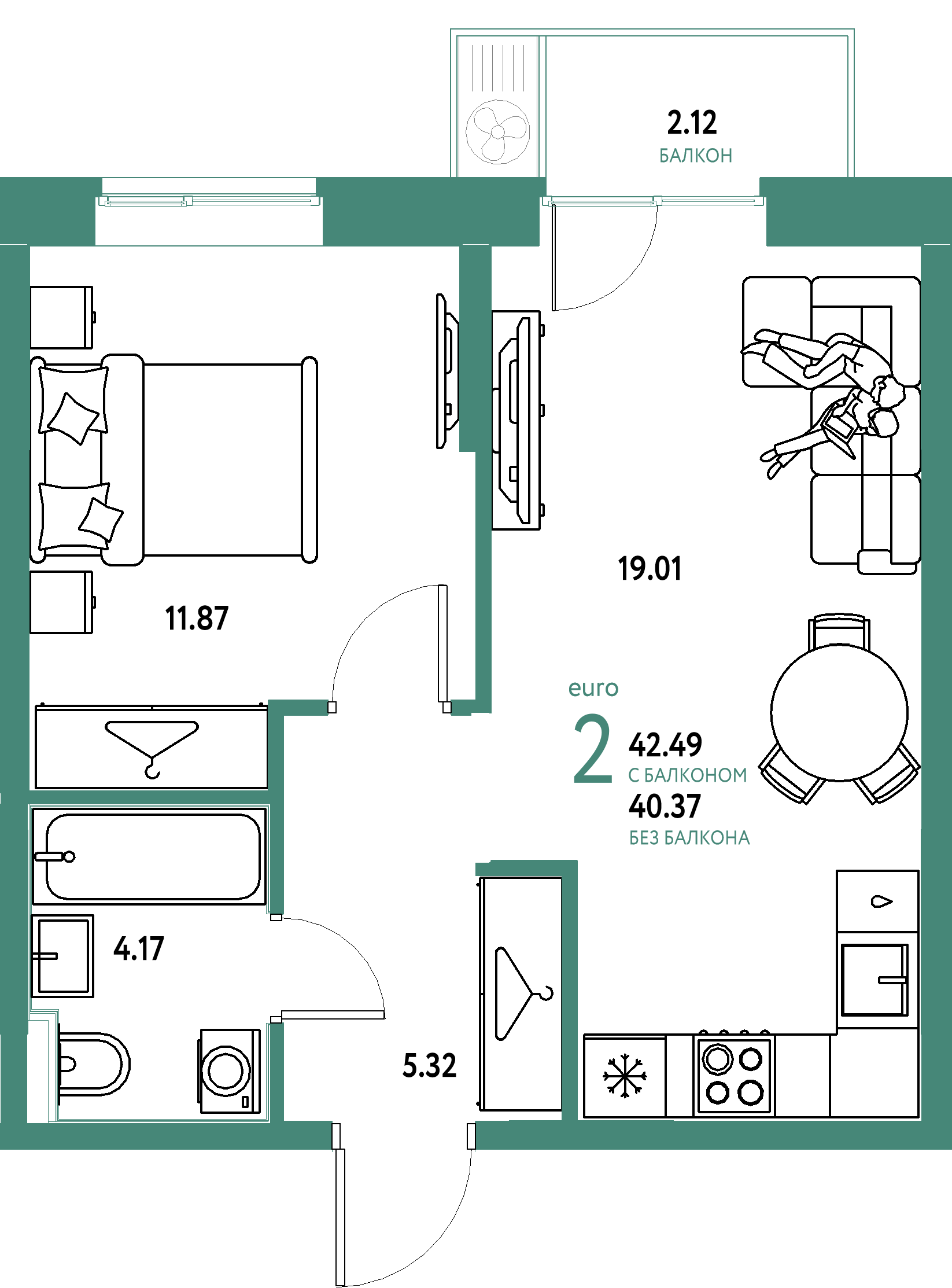 ЖК "Европейский берег 2.0"-2-комнатная 42.49 м²