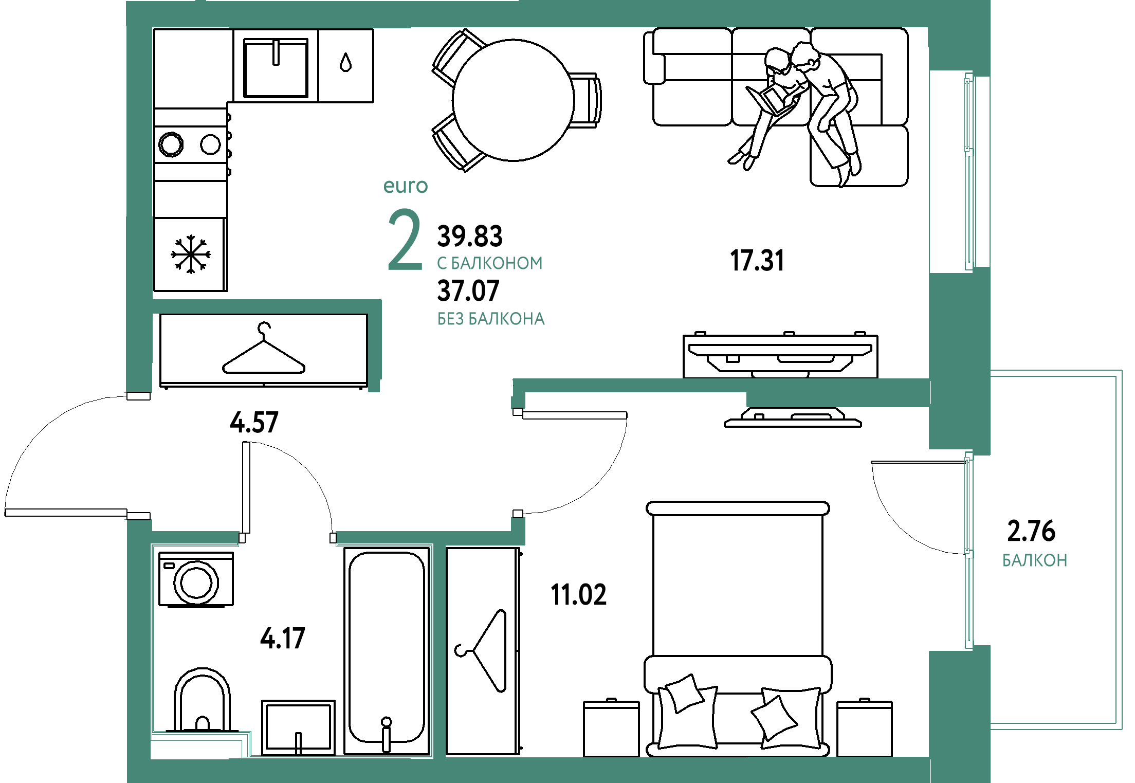 ЖК "Европейский берег 2.0"-2-комнатная 39.83 м²