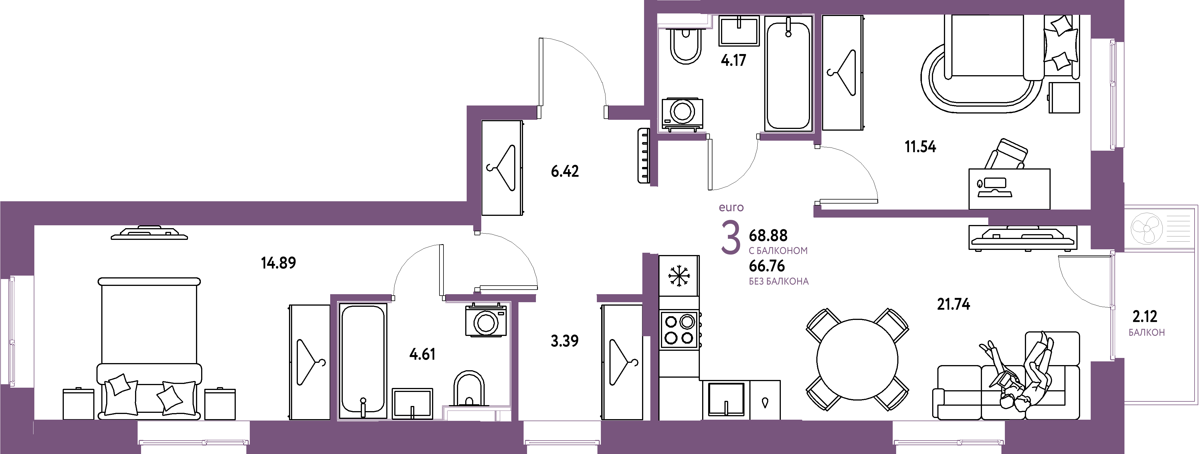 ЖК "Европейский берег 2.0"-3-комнатная 68.88 м²