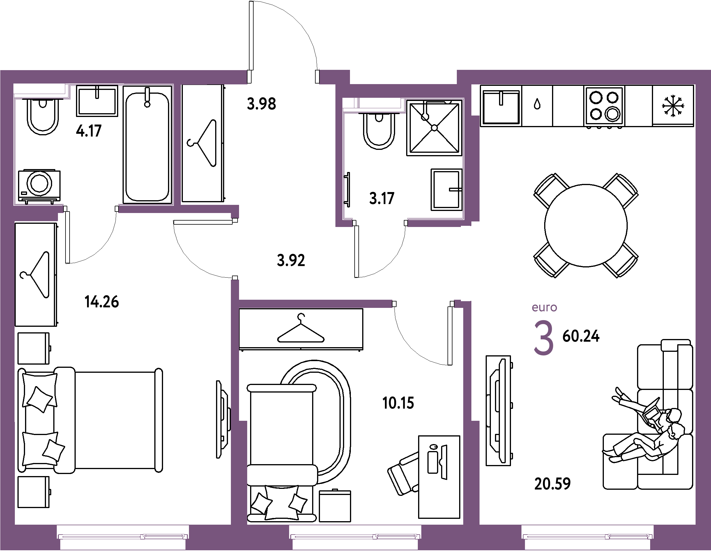 ЖК "Европейский берег 2.0"-3-комнатная 60.24 м²