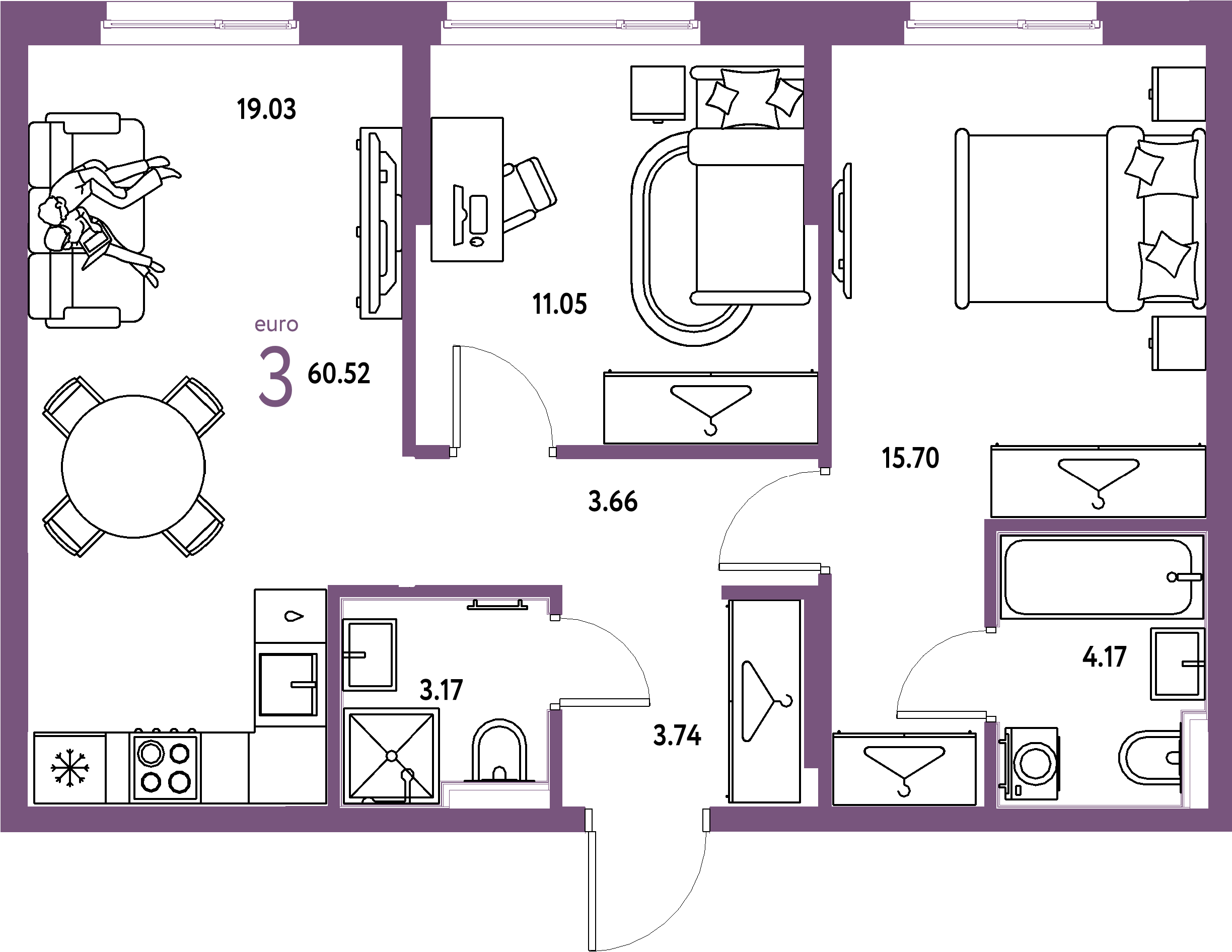 ЖК "Европейский берег 2.0"-3-комнатная 60.52 м²