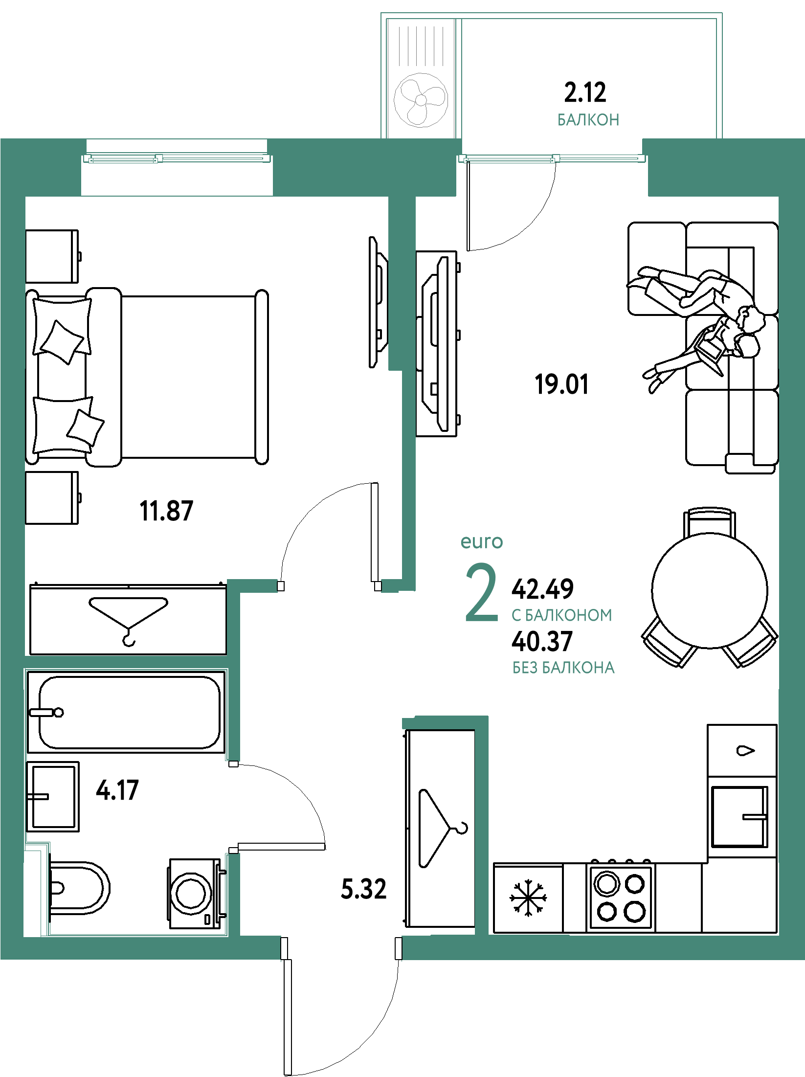 ЖК "Европейский берег 2.0"-2-комнатная 42.49 м²