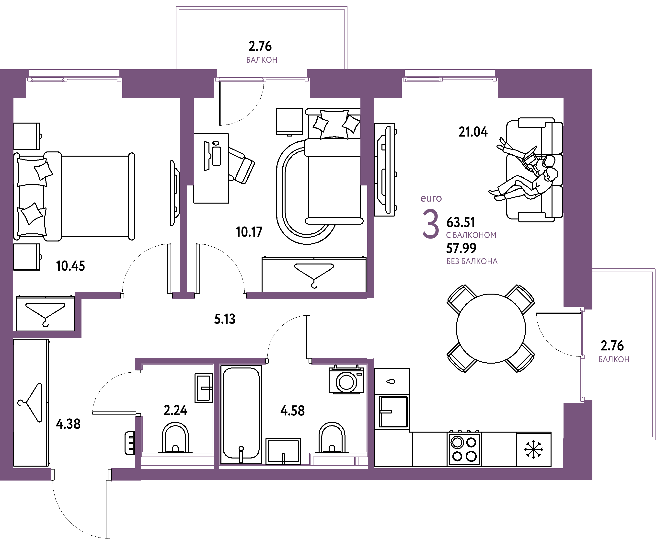 ЖК "Европейский берег 2.0"-3-комнатная 63.51 м²
